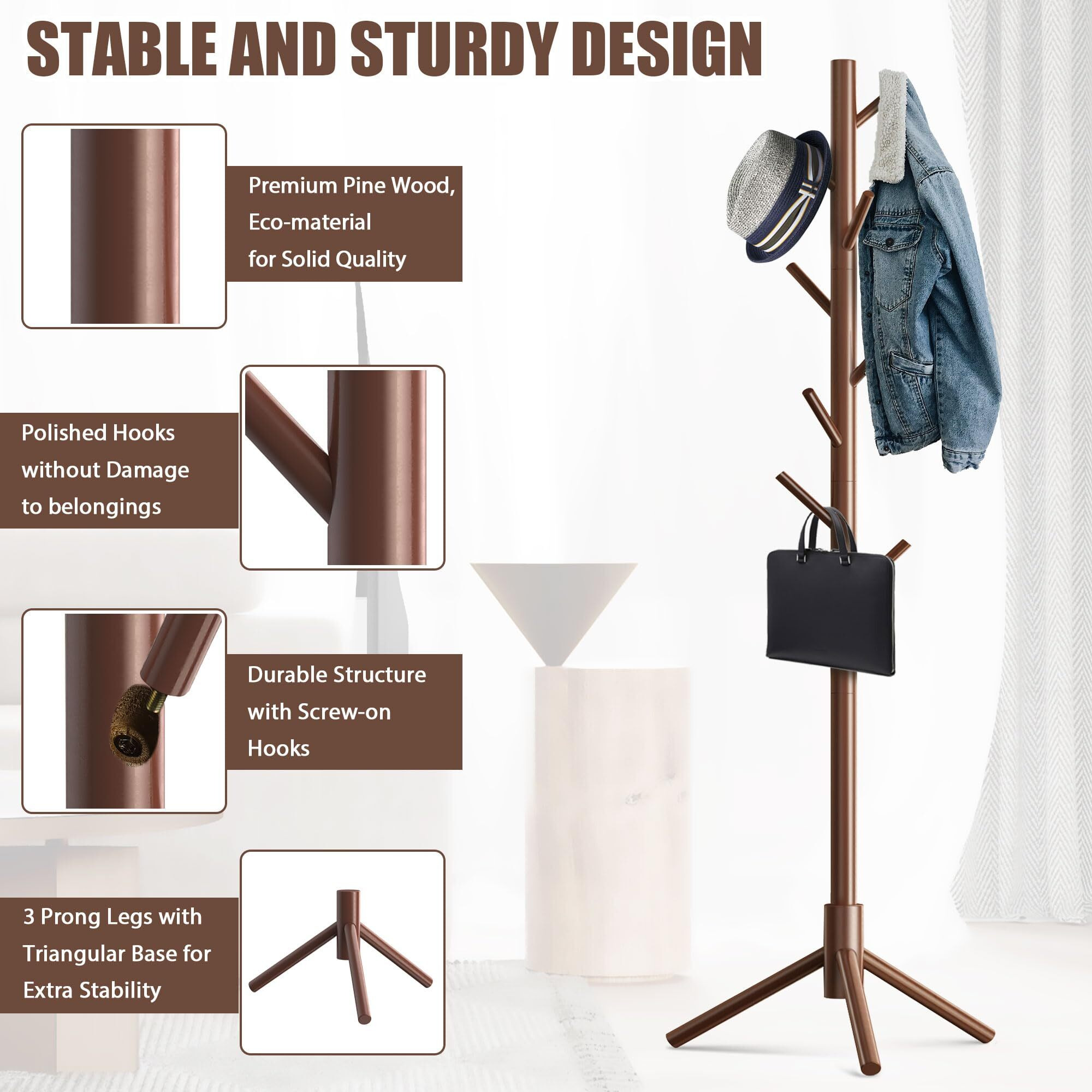 Haddockway Wooden Coat Rack Stand With 8 Hooks New Zealand Pine 3 Adjustable Coat Standing Tree Easy Assembly For Coats, Hats, Scarves And Handbags For Entryway, Hallway, Bedroom, Office