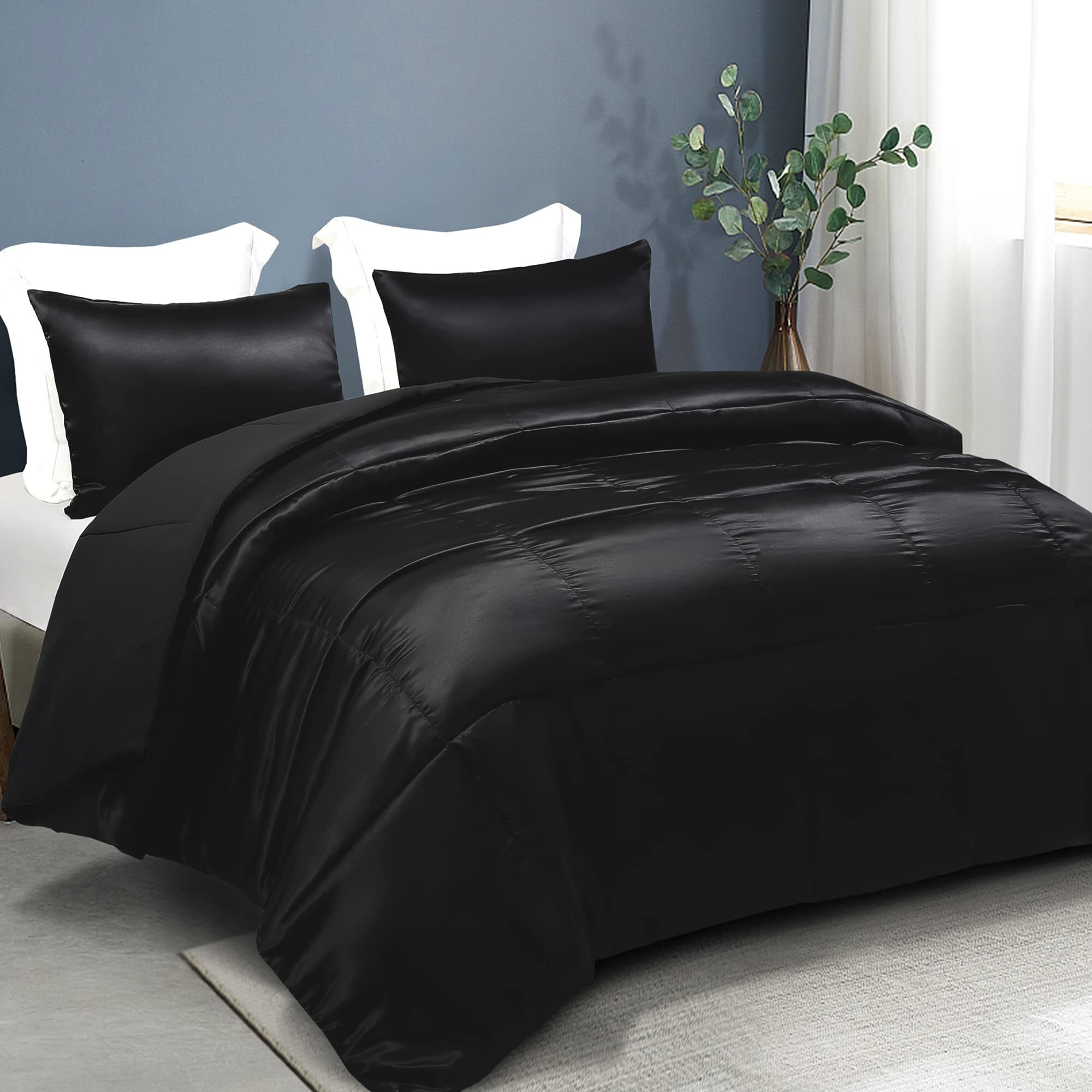 Whale Flotilla 3-Piece Reversible Queen Size Silky Comforter Set/Bedding Set, Luxury Soft Satin Comforter With 2 Satin Pillowcases, Lightweight Duvet Set For All Seasons, Black