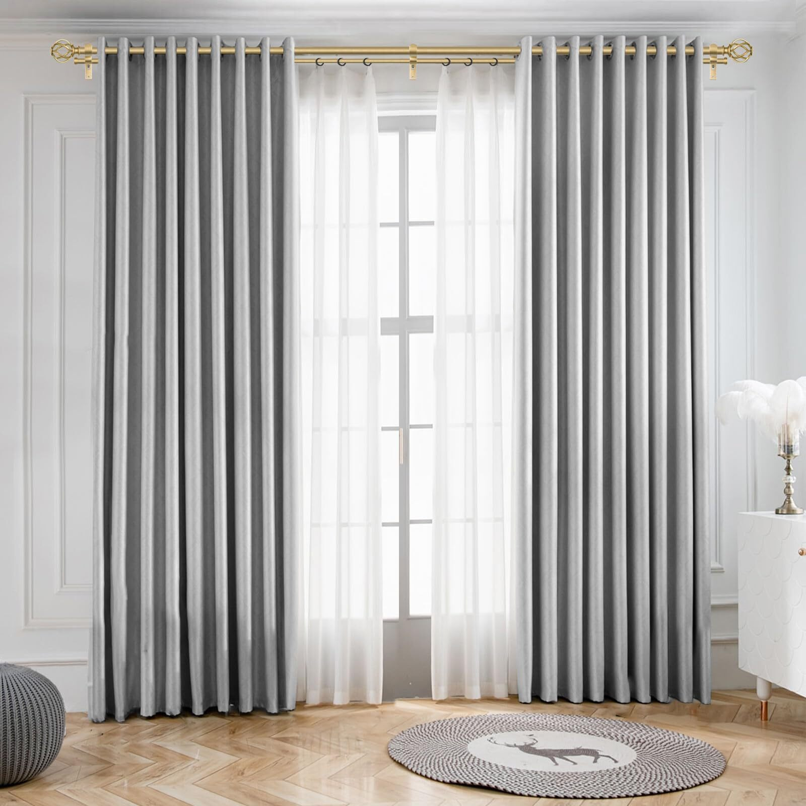 Kamanina 1 Inch Double Curtain Rod 72 To 144 Inches (6-12 Feet), Gold Curtain Rods For Windows 66 To 120, Heavy Duty Telescoping Drapery Rod With Twisted Cage Finials