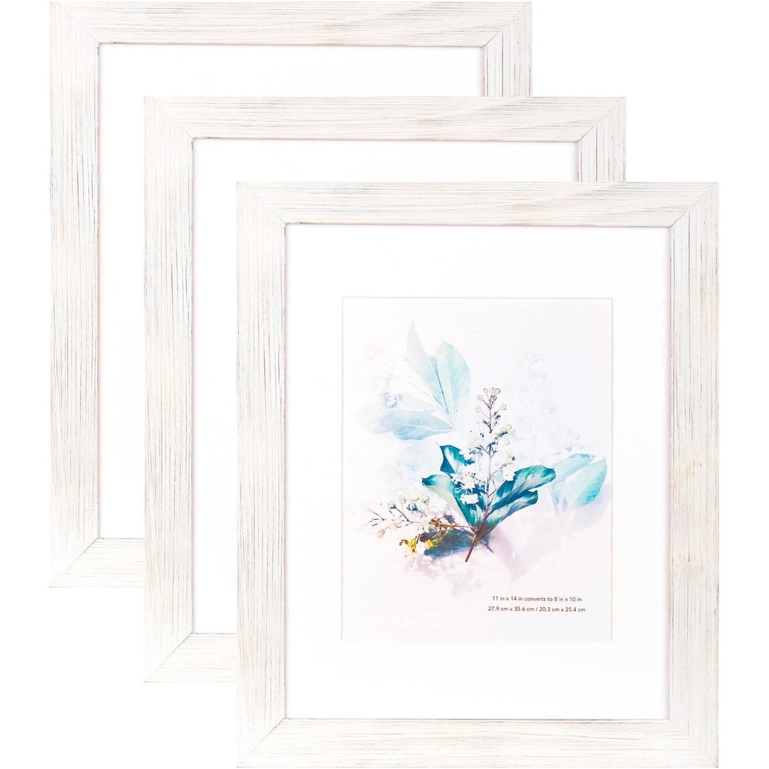 Kaiwin 100% Solid Wood White 11X14 Picture Frame 3 Pack - Display Picture 8X10 With Mat, Hd Glass Inside, Rustic Wooden Photo Frames For Wall Mounting