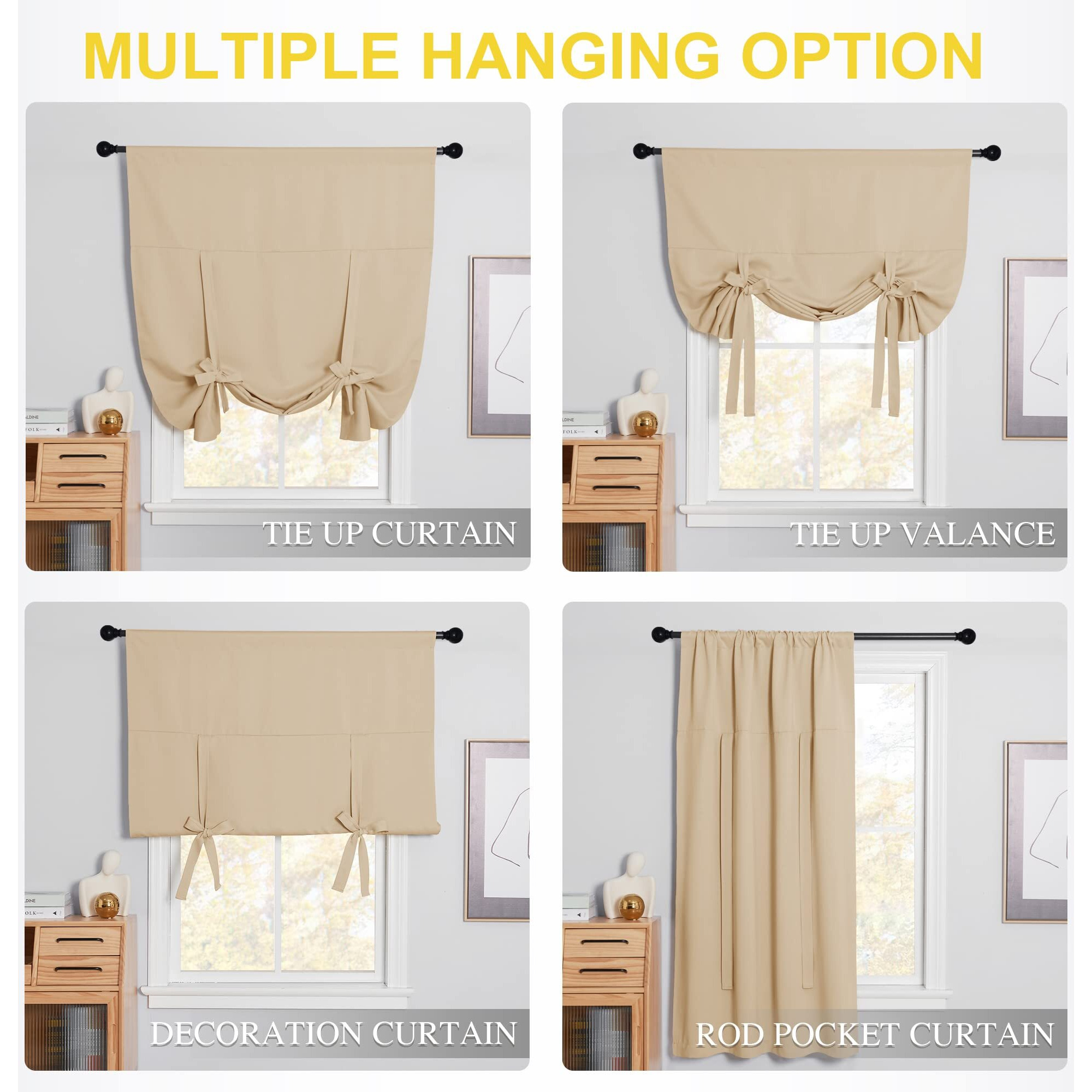 Nicetown Blackout Room Darkening Curtain - Tie Up Shade Blind Bathroom Window Covering For Living Room (Biscotti Beige, Rod Pocket Panel, 46 Inches W X 63 Inches L)