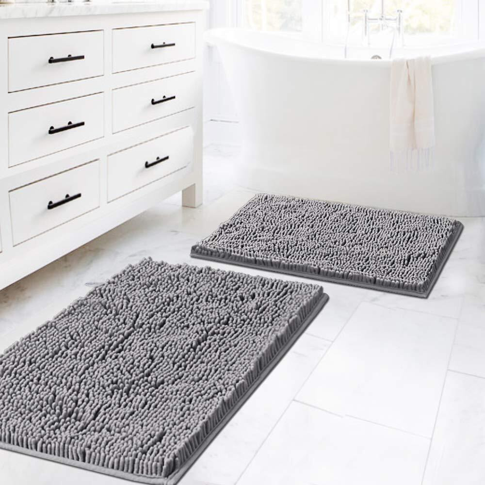 H.Versailtex Bath Rugs For Bathroom Slip-Resistant Shag Chenille Bath Rugs Mat Extra Soft And Absorbent Bath Rug For Shower Room Machine-Washable Fast Dry (Gray, 20"" X 32""/17"" X 24"")