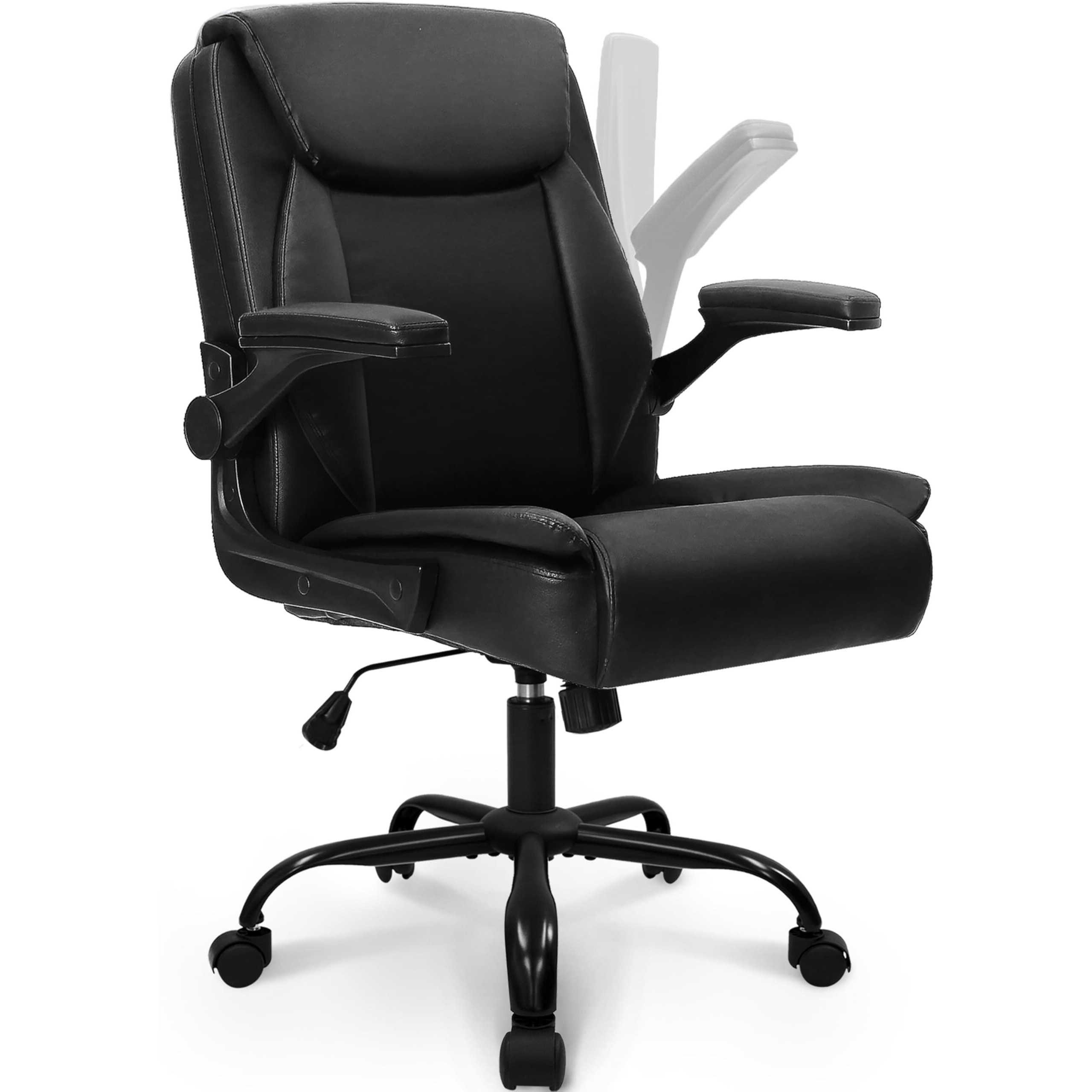 Neo Chair Office Desk Computer Chair Ergonomic Executive Mid-Back Leather Gaming Chair With Adjustable Flip-Up Armrests Wheels Swivel For Home Study Task (Jet Black)