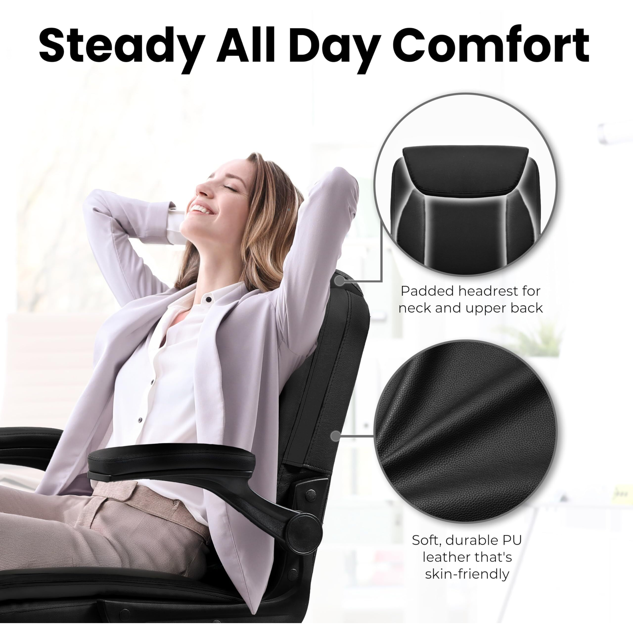 Neo Chair Office Desk Computer Chair Ergonomic Executive Mid-Back Leather Gaming Chair With Adjustable Flip-Up Armrests Wheels Swivel For Home Study Task (Jet Black)