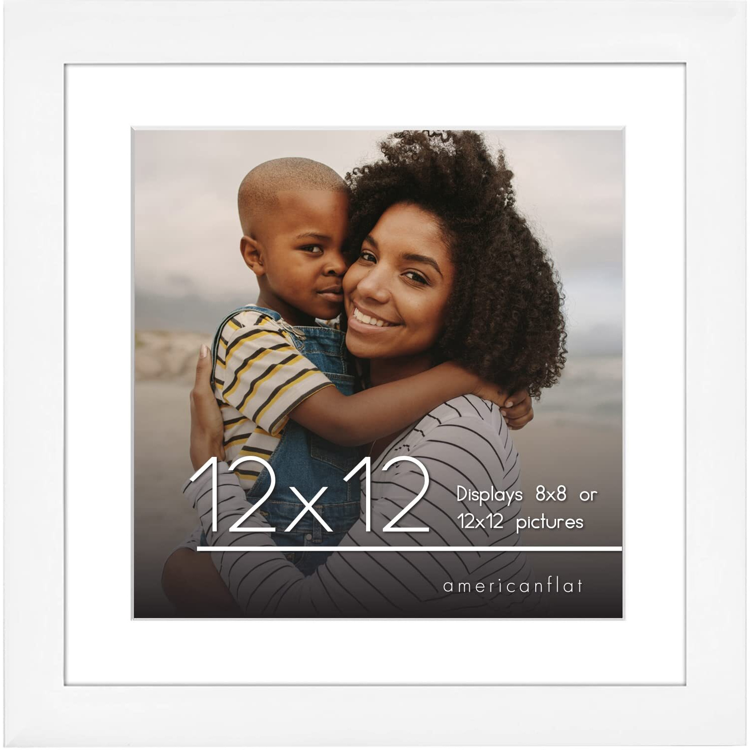 Americanflat 12X12 Picture Frame In White - Displays 8X8 With Mat And 12X12 Without Mat - Composite Wood With Shatter Resistant Glass - Horizontal And Vertical Formats For Wall
