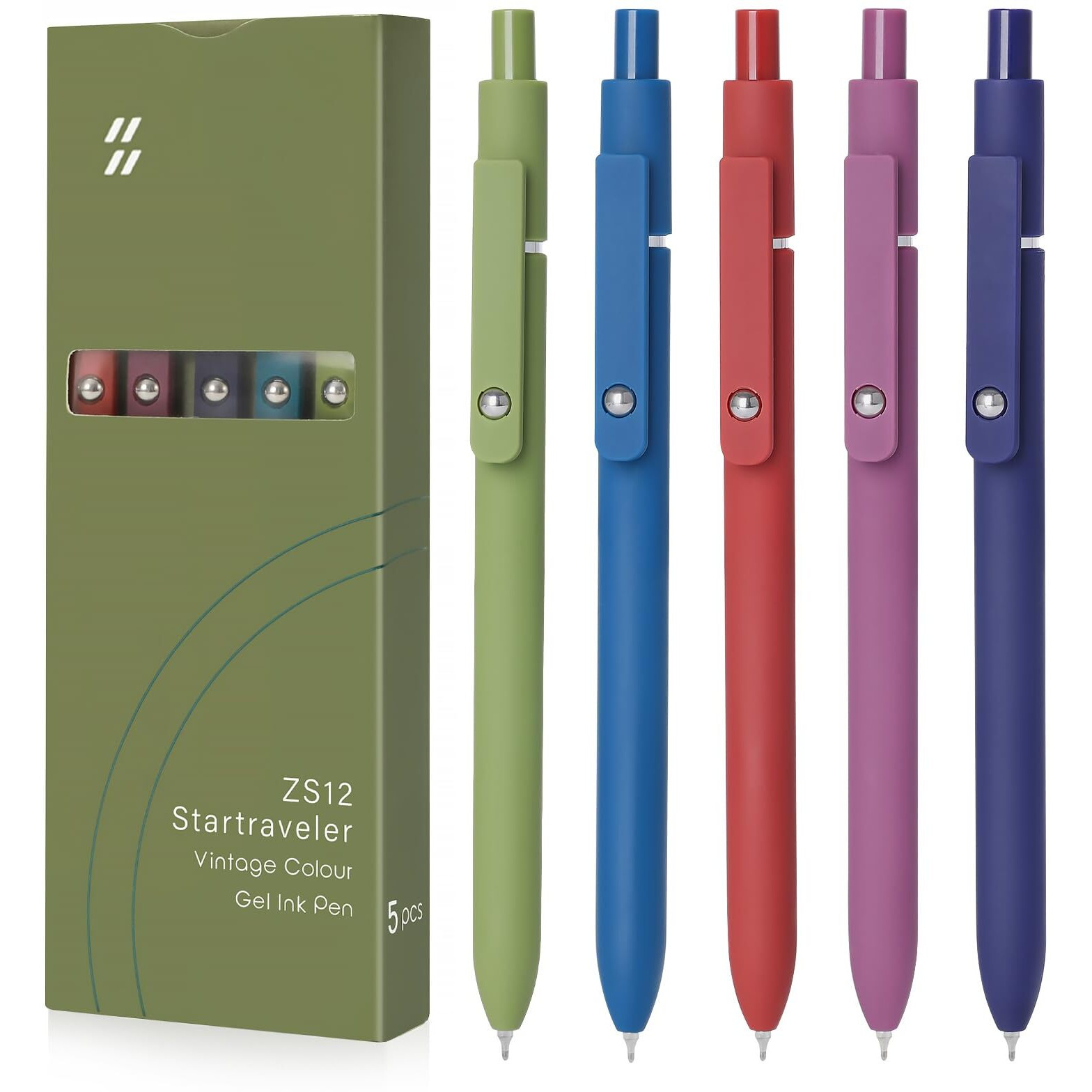 Fiover 5Pcs Gel Pens Quick Dry Ink Pens Fine Point Retractable Ballpoint Pens Japanese Black Ink Smooth Writing Pens For Journaling Note Taking Office School Supplies Gifts Women Men (Retro Color)