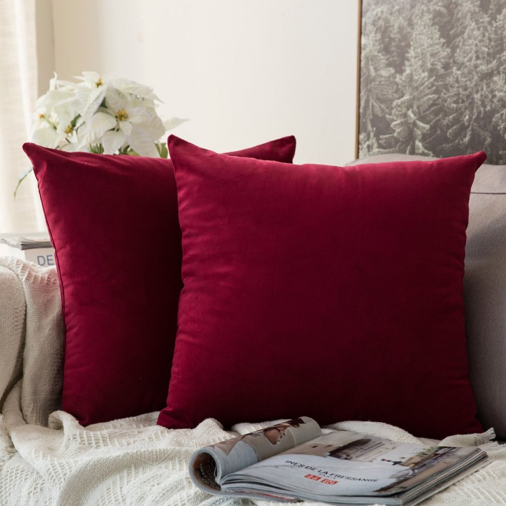 Miulee Pack Of 2 Christmas Velvet Soft Solid Decorative Square Throw Pillow Covers Set Cushion Case For Sofa Bedroom Car 16 X 16 Inch 40 X 40 Cm Wine Red