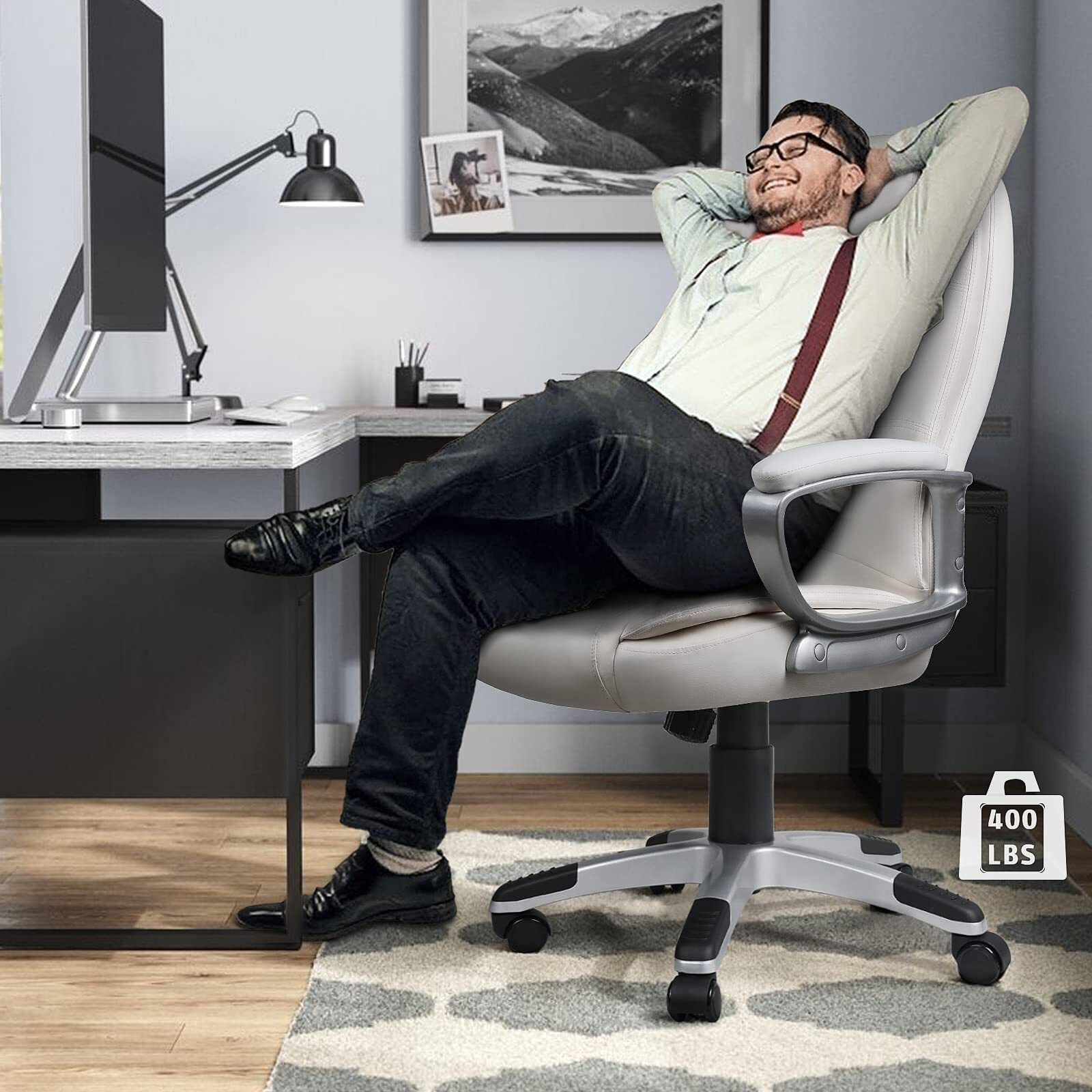 Lemberi Office Desk Chair, Big And Tall Managerial Executive Chair, High Back Computer Chair, Ergonomic Adjustable Height Pu Leather Chairs With Cushions Armrest For Long Time Sitting (White)