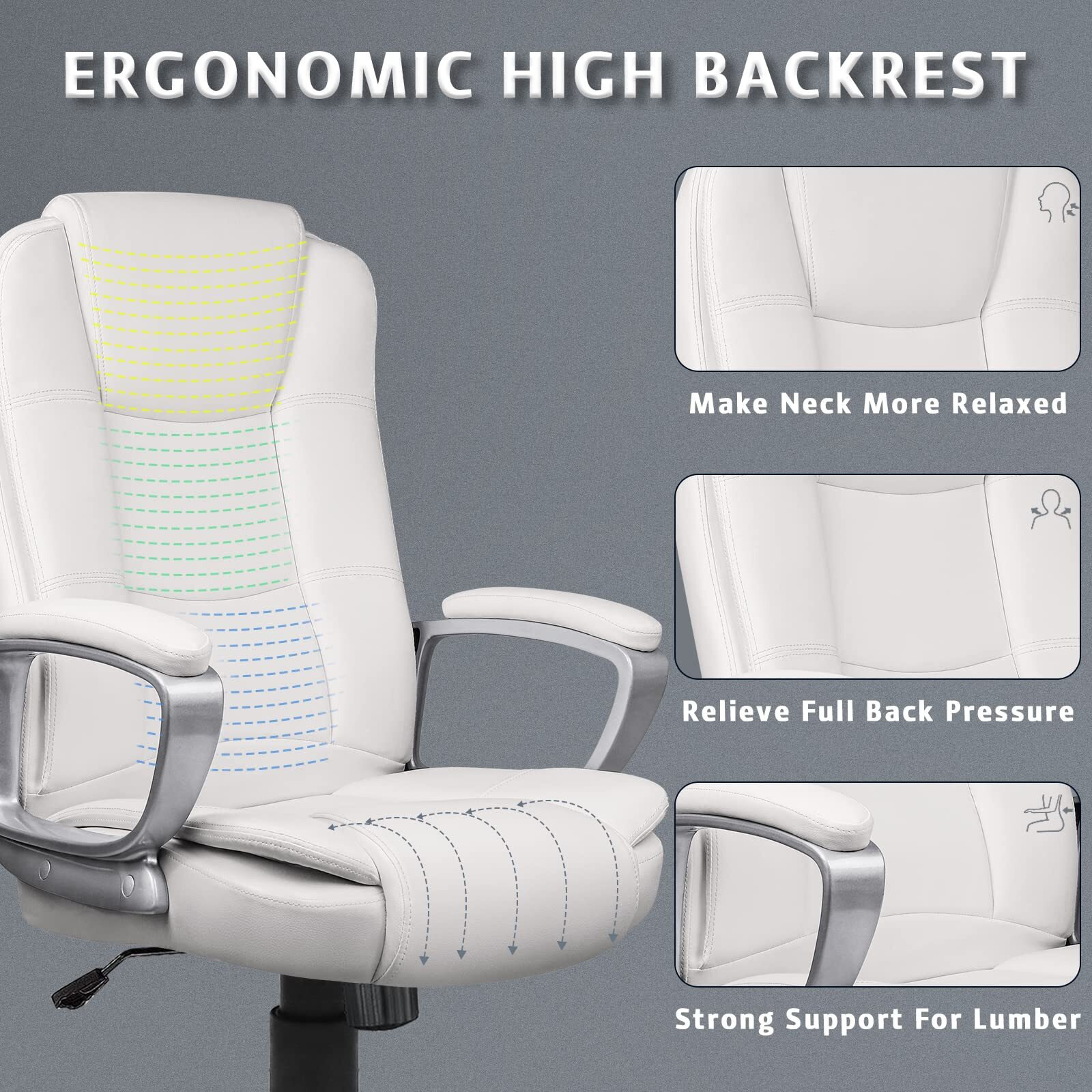 Lemberi Office Desk Chair, Big And Tall Managerial Executive Chair, High Back Computer Chair, Ergonomic Adjustable Height Pu Leather Chairs With Cushions Armrest For Long Time Sitting (White)
