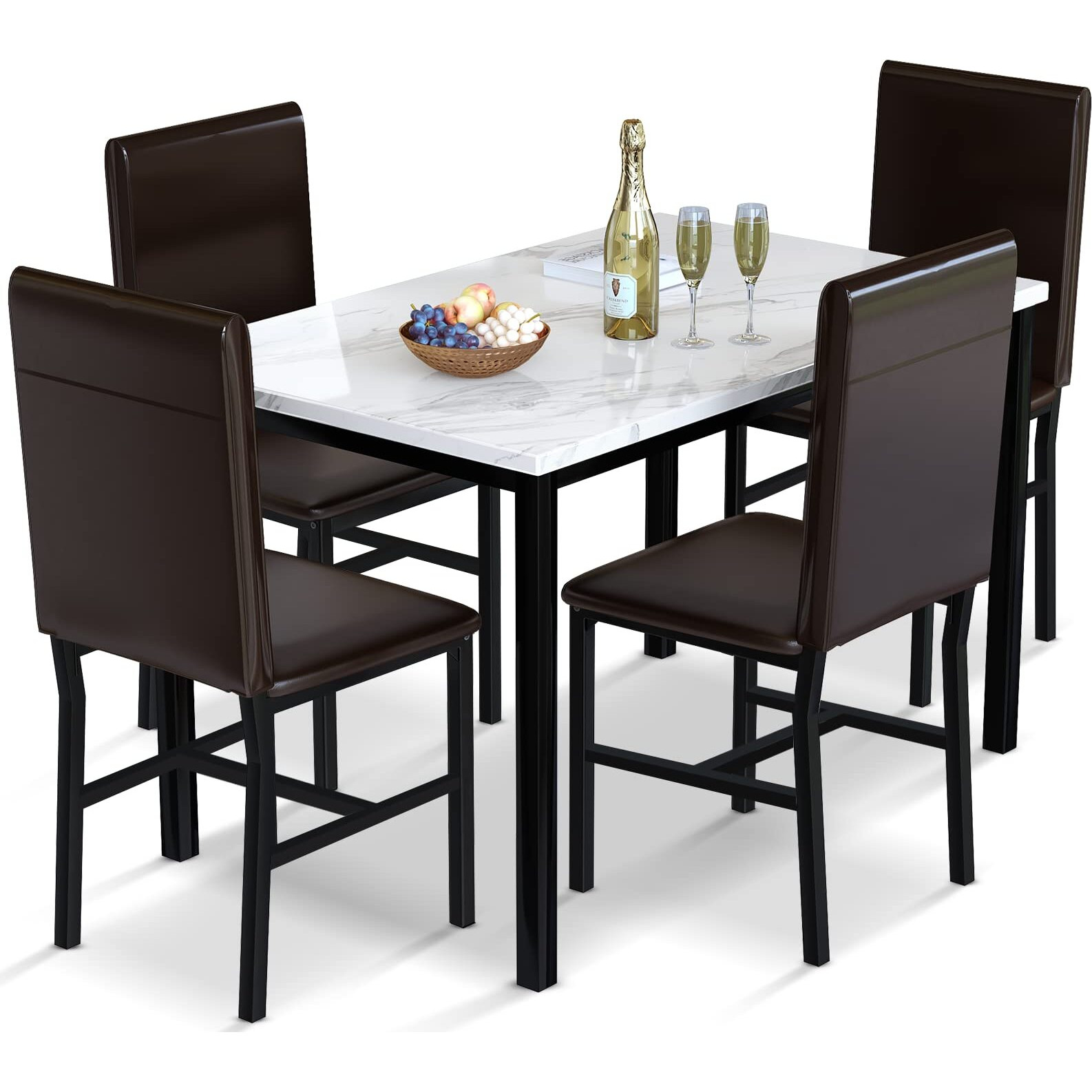 Awqm 5 Piece Dinning Table Sets For 4, Marble Kitchen Table And Chairs For 4,Dining Room Table Set With Pu Leather Chairs,Faux Marble Dining Set For Small Spaces,Living Room,White+Brown