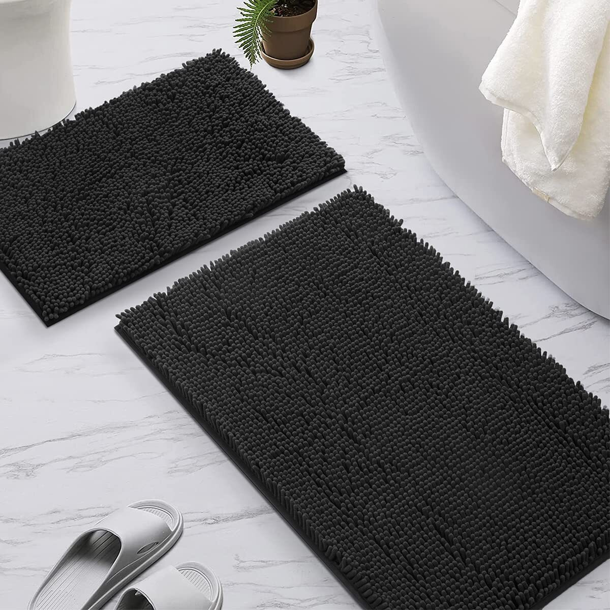 Sonoro Kate Bathroom Rug,Non-Slip Bath Mat,Soft Cozy Shaggy Thick Bath Rugs For Bathroom,Plush Rugs For Bathtubs,Water Absorbent Rain Showers And Under The Sink (Black, 17"" X 47"" Plus 17"" X 24"")
