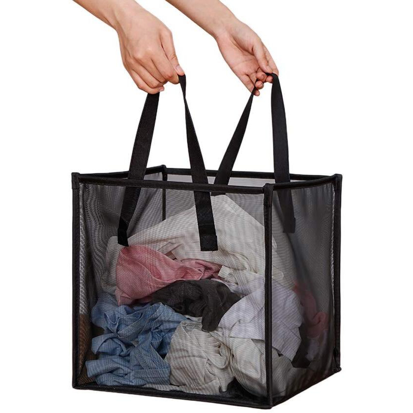 Laundry Hamper Bag With Handles,Portable &Collapsible Dirty Clothes Mesh Basket Foldable For Washing Storage, Kids Room,Dorm Or Travel (Black, Single-Layer)