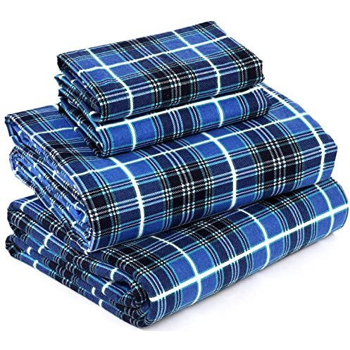 Ruvanti Flannel Sheets Full Size - 100% Cotton Brushed Flannel Bed Sheet Sets - Deep Pockets 16 Inches (Fits Up To 18 "") - All Seasons Breathable & Super Soft - Warm & Cozy - 4 Pcs - Blue Plaid