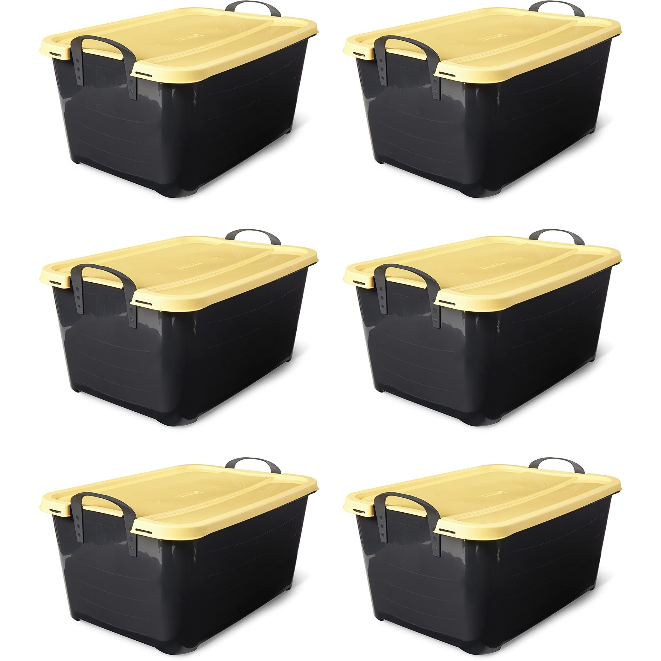Life Story 55 Quart Plastic Stackable Storage Unit Bin With Lid And Handles For Home Garage Organization, Black And Yellow (6 Pack)