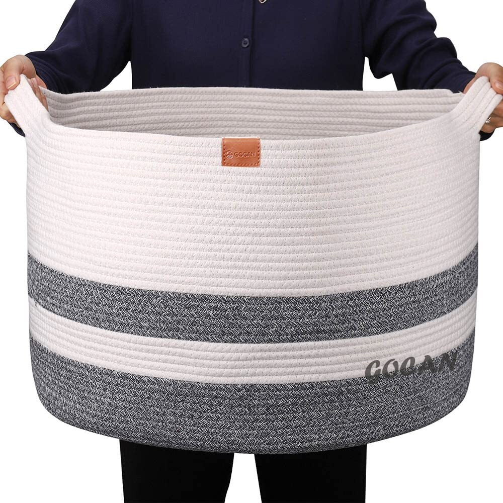 Gocan Extra Large Laundry Basket 22 "" X 22 "&quotX 14 "" Xxxl Cotton Rope Woven Basket For Blankets Storage Basket With Handles For Living Room (Dark Grey/Beige)
