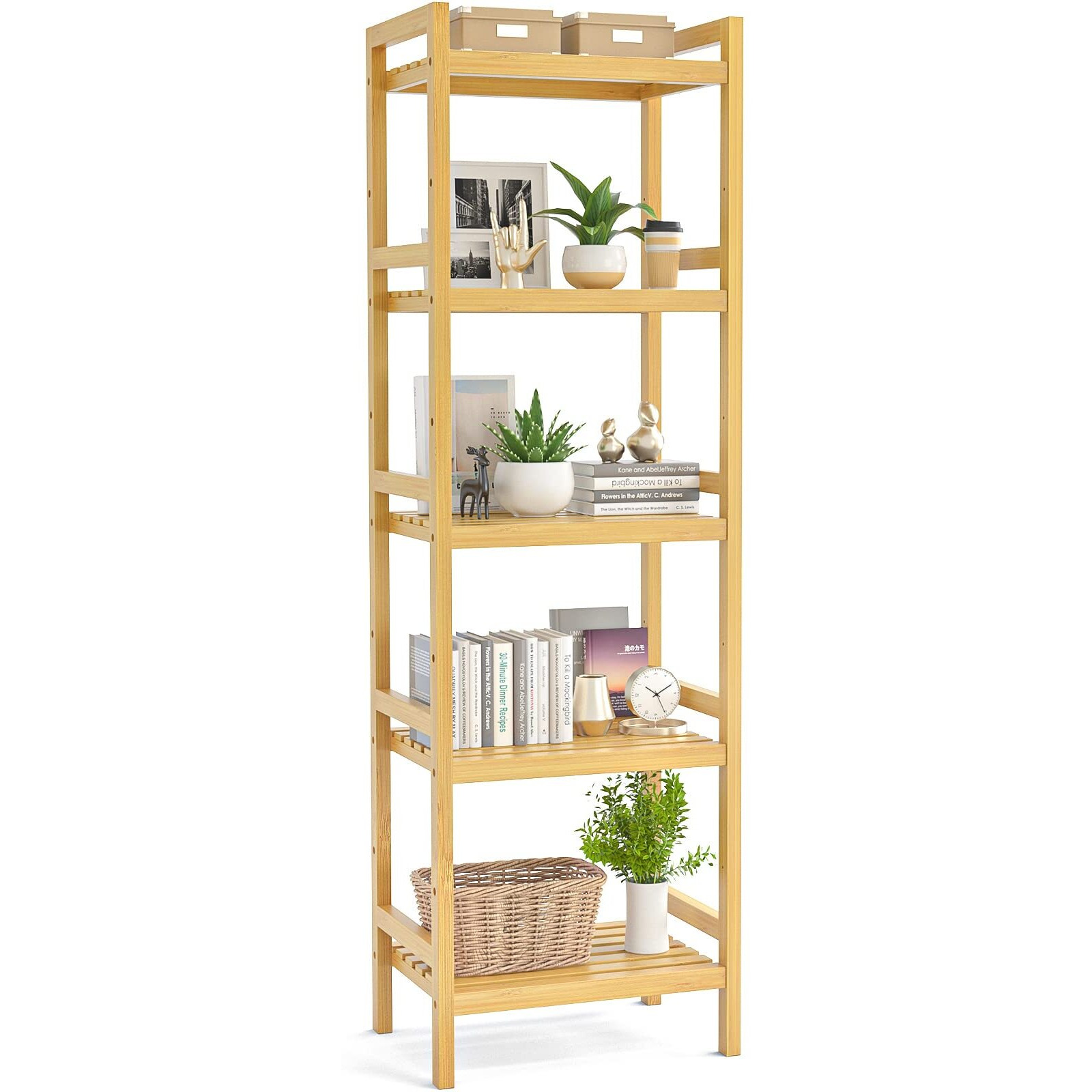 Homykic Bamboo Bookshelf, 5-Tier Narrow 55.9    Adjustable Book Shelf Bookcase Bathroom Shelves Freestanding Storage Stand For Living Room, Bedroom, Kitchen, Rust Resistance, Easy Assembly, Natural