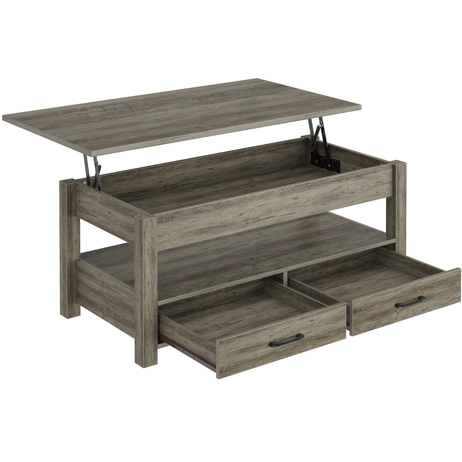 Rolanstar Coffee Table With Drawers And Hidden Compartment, Retro Central Table With Wooden Lift Tabletop, For Living Room,Washed Oak