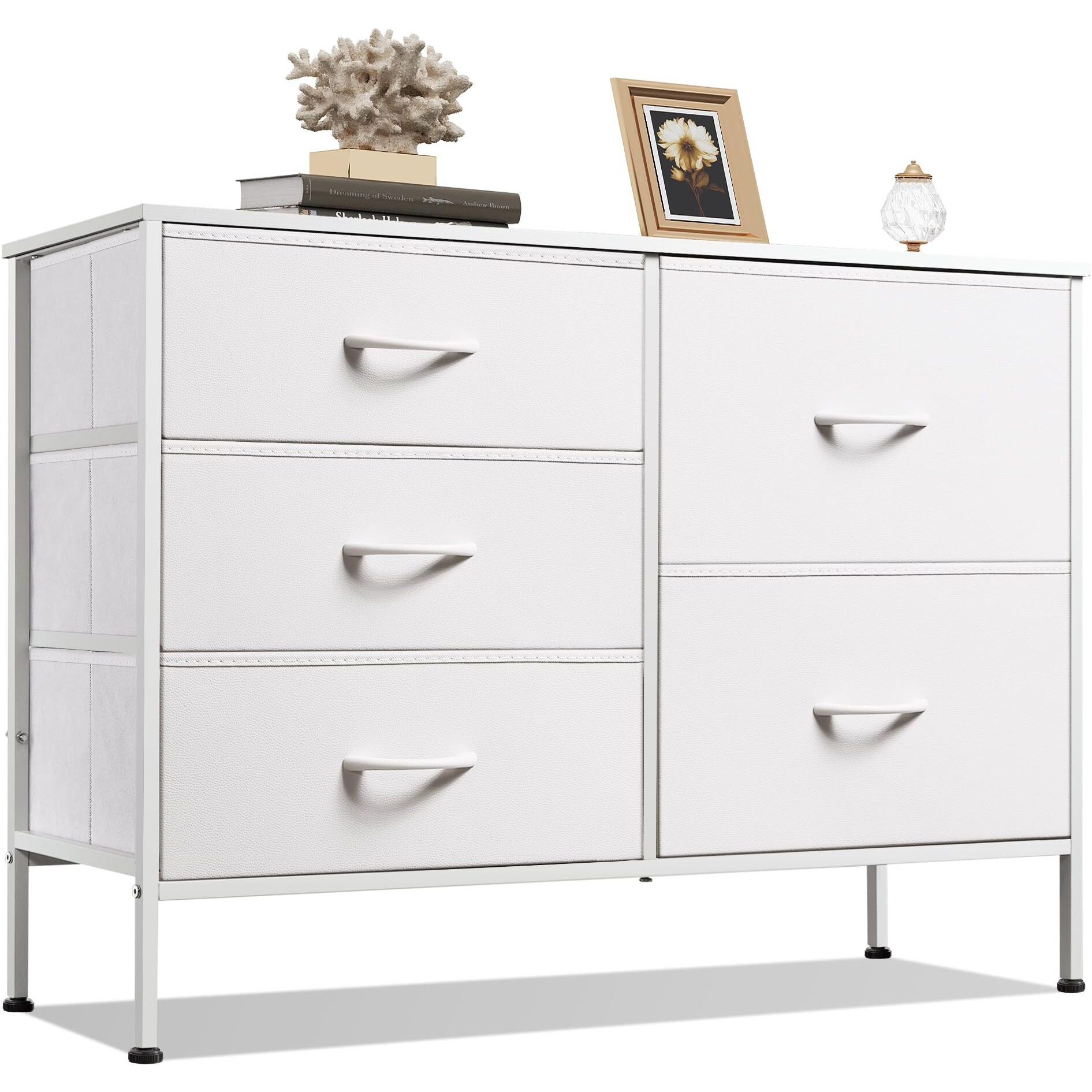 Wlive White Dresser For Bedroom With 5 Drawers, Fabric Dresser For Living Room, Wide Chest Of Drawers For Bedroom, Closet, Hallway, White