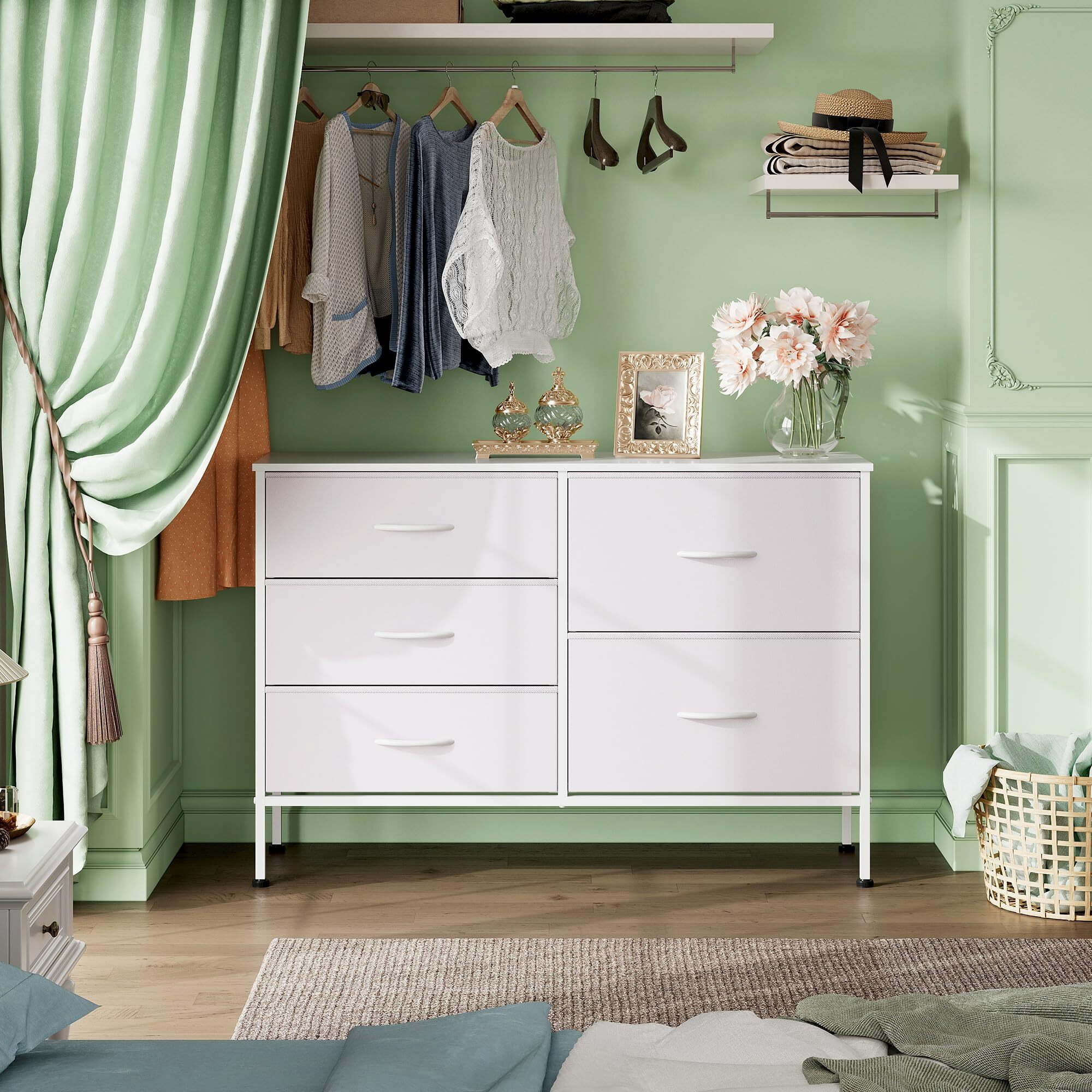 Wlive White Dresser For Bedroom With 5 Drawers, Fabric Dresser For Living Room, Wide Chest Of Drawers For Bedroom, Closet, Hallway, White