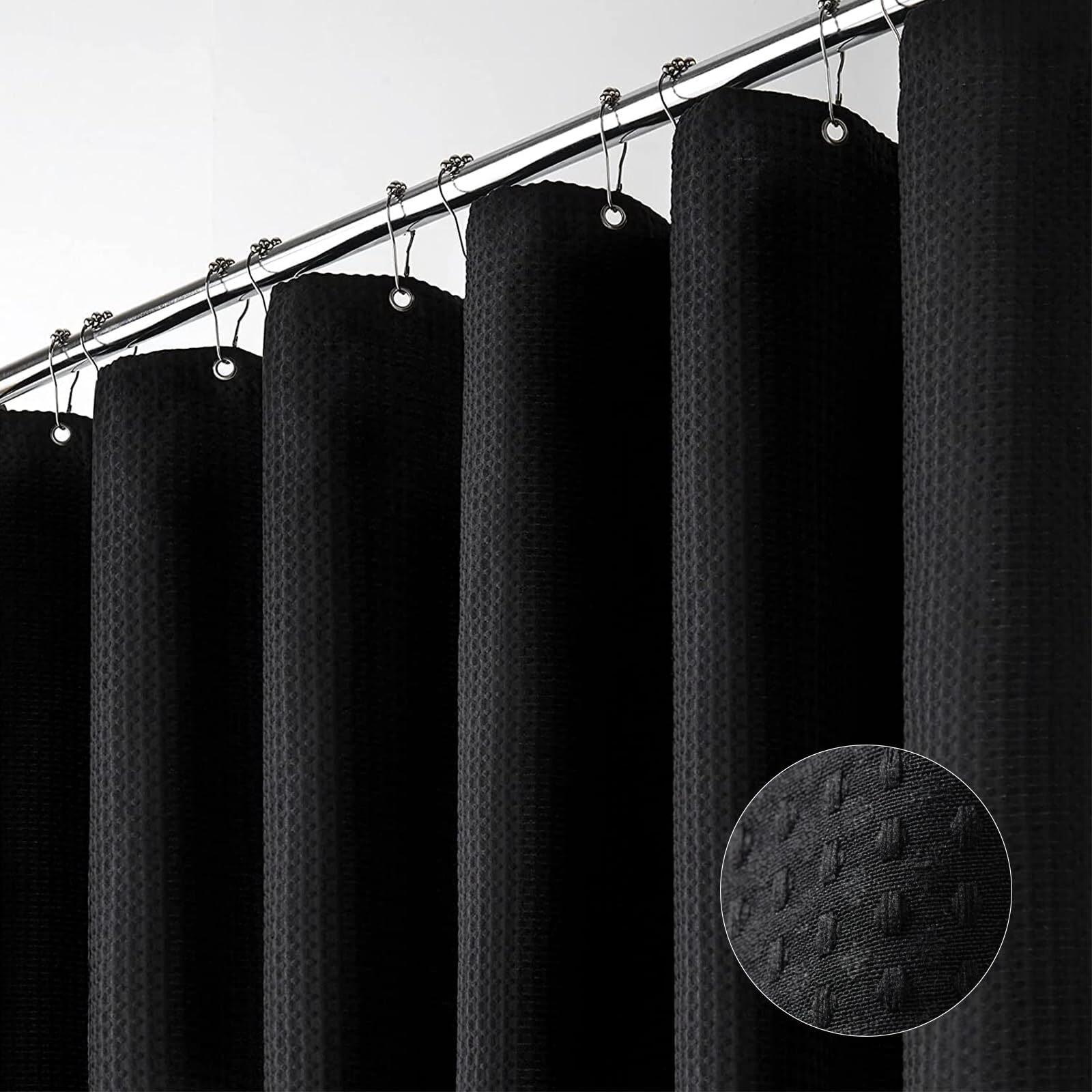 Dynamene Extra Wide Shower Curtain - 84 Inch Wide Waffle Weave Weighted Thick Cloth Bathroom Shower Curtain, Neutral Heavy Duty Hotel Bath Curtain Set With 14 Plastic Hooks, 84X72, Black
