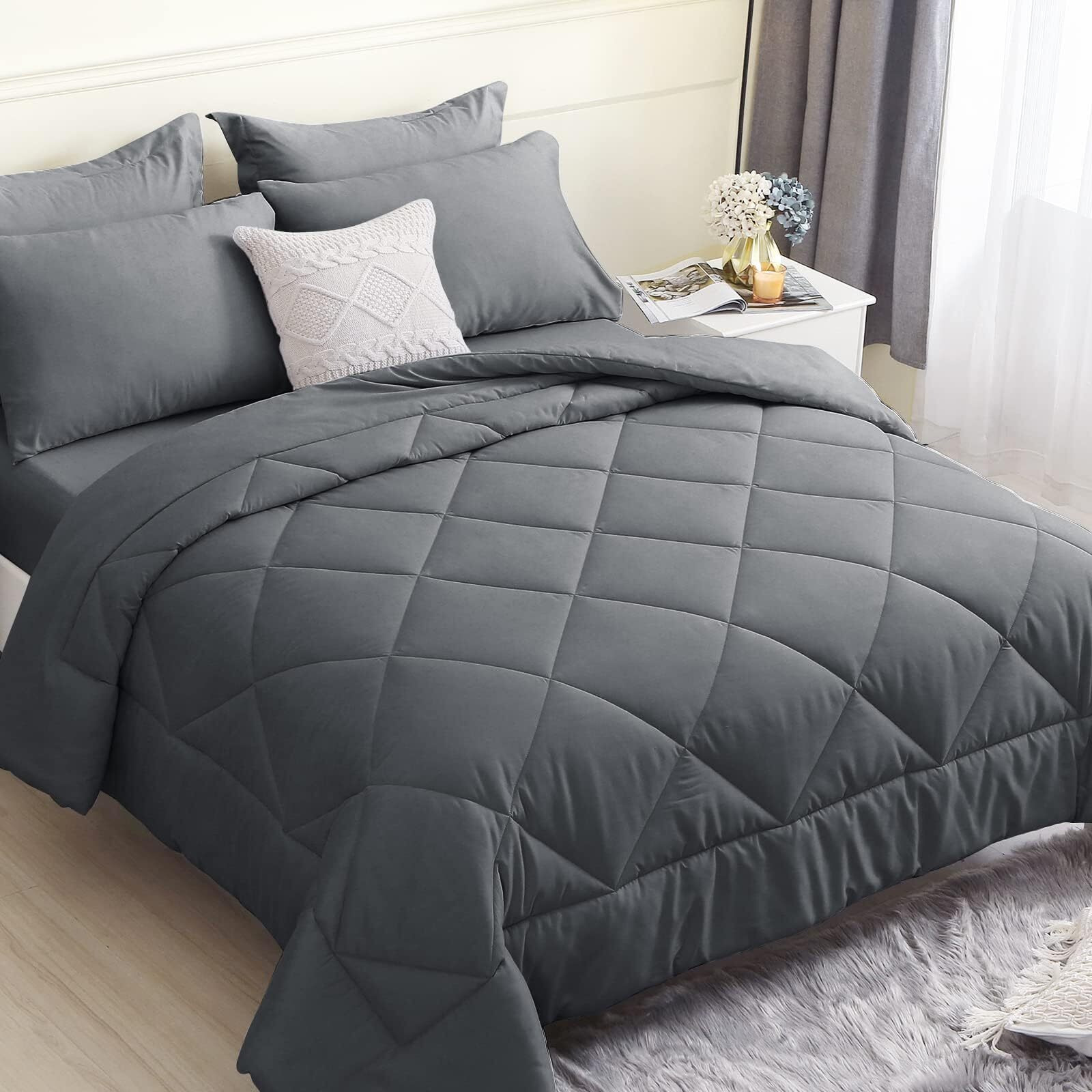 Hevumyi Twin Comforter Set, 5 Pieces All Season Bed In A Bag Grey, Down Alternative Bedding Sets With Twin Comforter, Flat Sheet, Fitted Sheet, Pillowcase & Pillow Sham (Dark Gray,Twin Size)