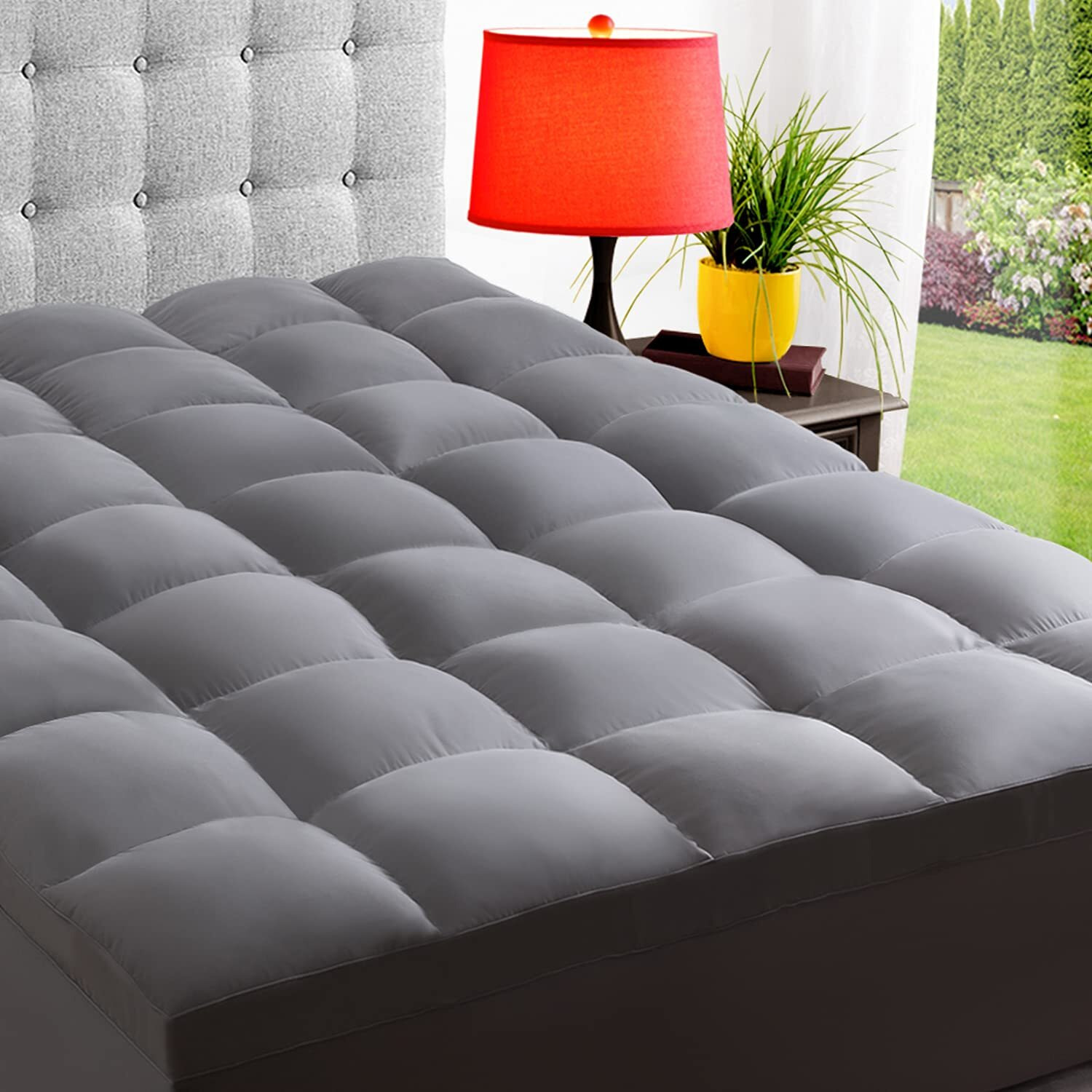 Elemuse Full Grey Cooling Mattress Topper For Back Pain, Extra Thick Mattress Pad Cover, Plush Soft Pillowtop With Elastic Deep Pocket, Overfilled Down Alternative Filling