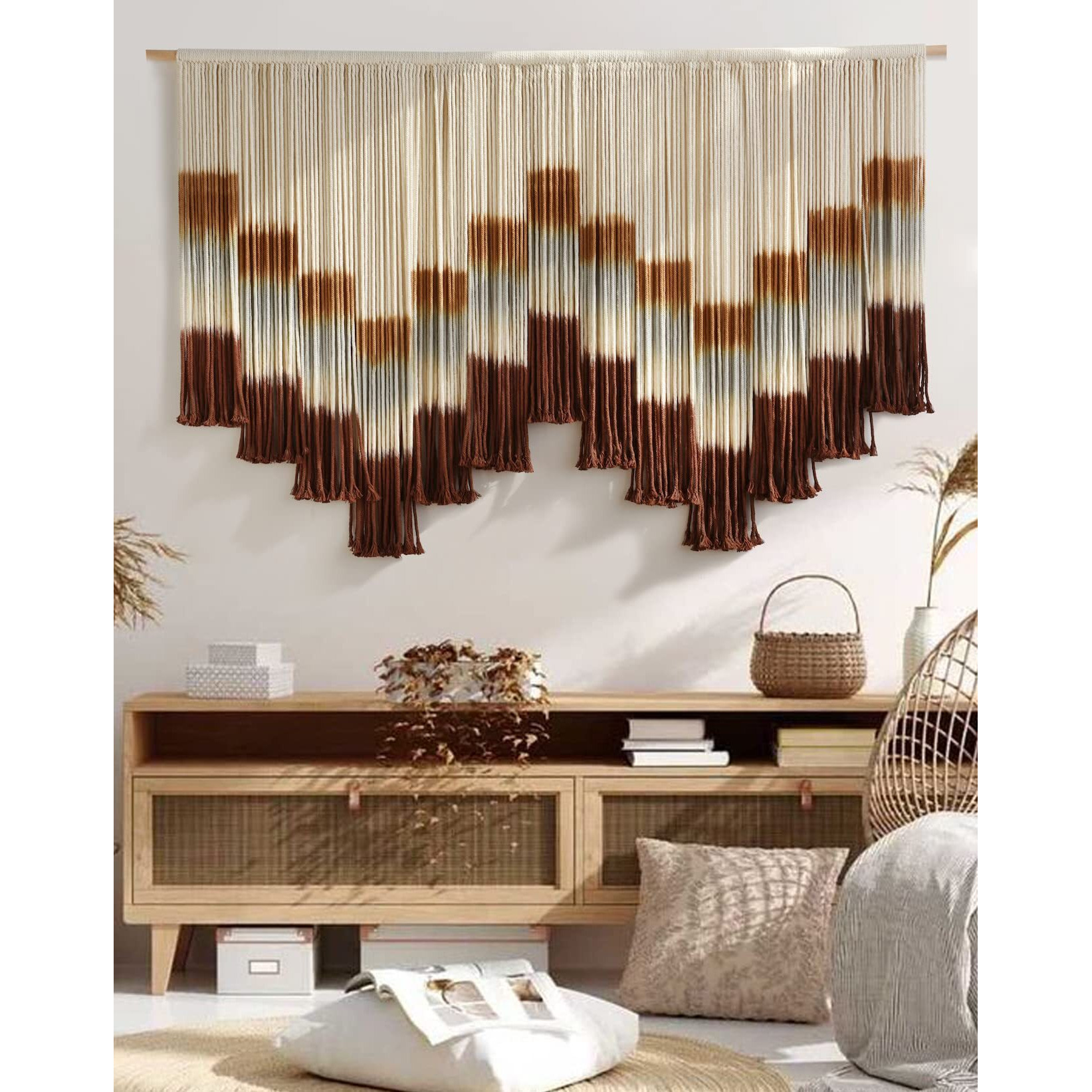 Flber Macrame Wall Hanging Tie-Dye Geometric Decor Large Scale Wall Art Statement Bohemian Yarn Tapestry Home Wall Decor 59"" W