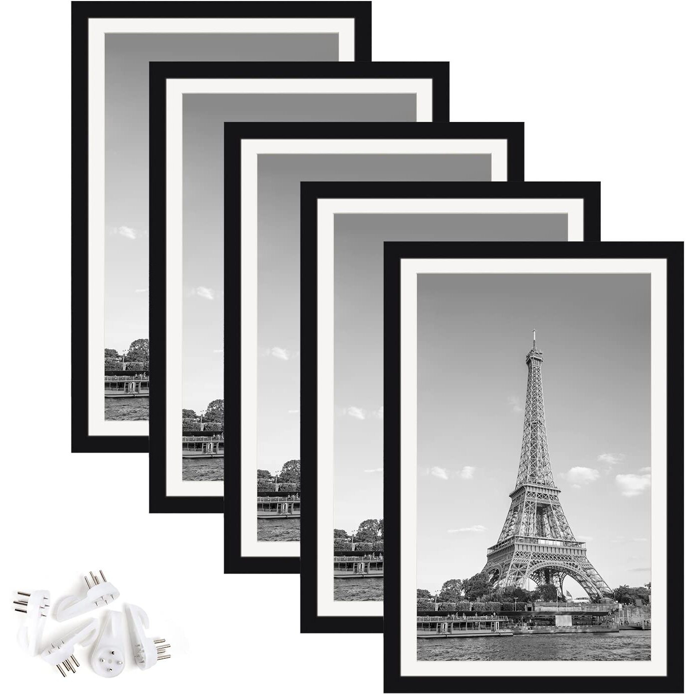 Upsimples 11X17 Picture Frame Set Of 5,Display Pictures 9X15 With Mat Or 11X17 Without Mat,Wall Gallery Photo Frames,Black