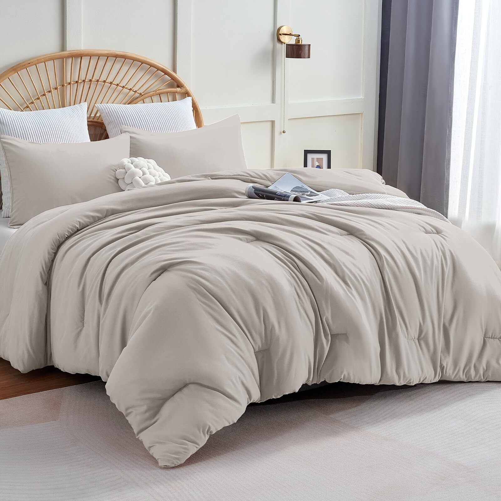 Cozylux Beige Comforter Set King Size, 3 Pieces Boho Solid Breathable Quilted Style Bedding Sets, Luxury Fluffy Soft Microfiber Comforter For All Season(1 Comforter & 2 Pillowcases)