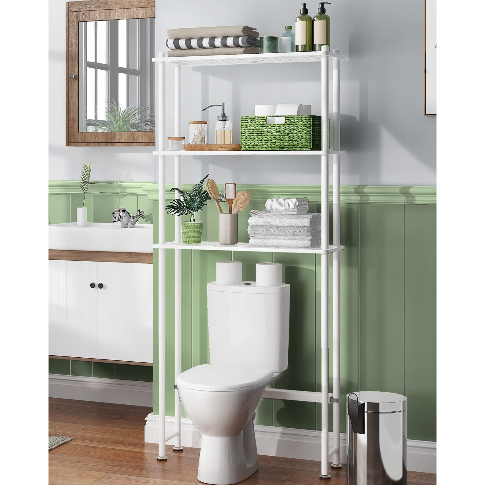 Amazerbath Bamboo Over The Toilet Storage Shelf, Over Toilet Bathroom Organizer Rack, 3-Tier Bathroom Shelves Over Toilet, Space Saver, White