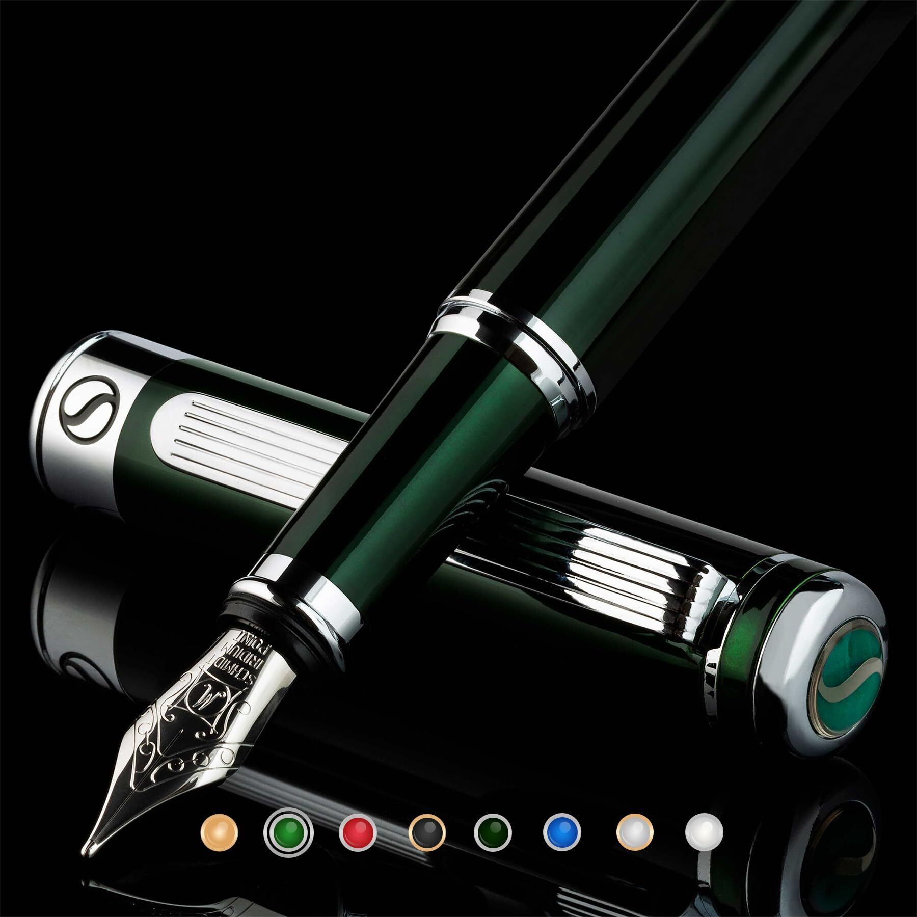 Scriveiner British Racing Green Fountain Pen - Stunning Luxury Pen With Chrome Finish, Schmidt Nib (Medium), Best Pen Gift Set For Men & Women, Professional, Executive, Office, Nice Pens