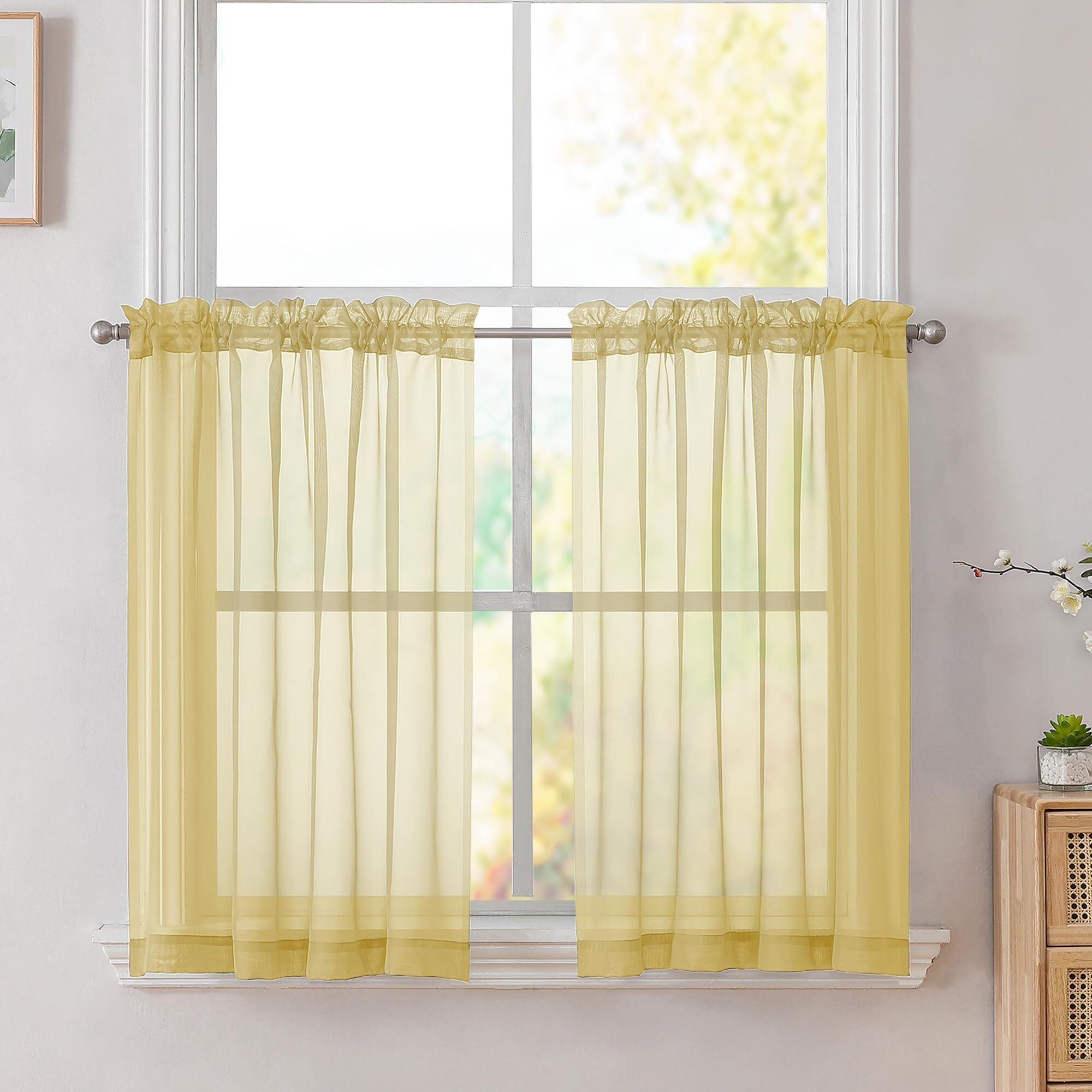 Simplebrand Yellow Short Sheer Kitchen Curtains 36 Inch Length Tier Curtains Rod Pocket Sheers Cafe Curtains Sheer Drapes Half Window Curtain For Bathroom Small Windows 42 X 36 Inch, 2 Panels