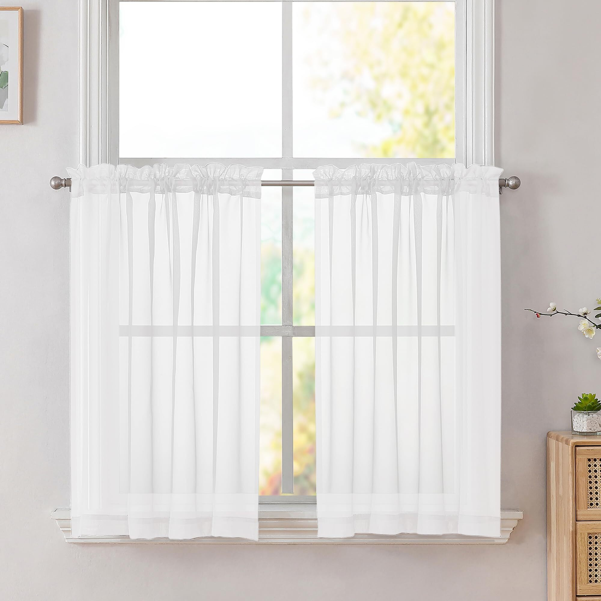 Simplebrand White Short Sheer Kitchen Curtains 36 Inch Length Tier Curtains Rod Pocket Sheers Cafe Curtains Sheer Drapes Half Window Curtain For Bathroom Small Windows 42 X 36 Inch, White, 2 Panels