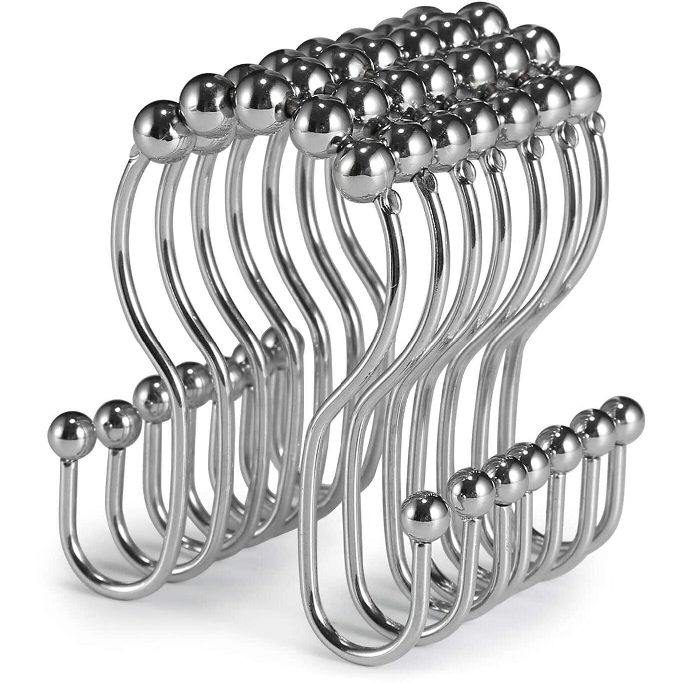 Goowin Shower Curtain Hooks, 12 Pcs Shower Curtain Rings, Stainless Steel Roller Rust-Resistant Balance Sliding Anti-Drop Double Shower Hooks For Curtain Bathroom Shower Curtains (Chrome)