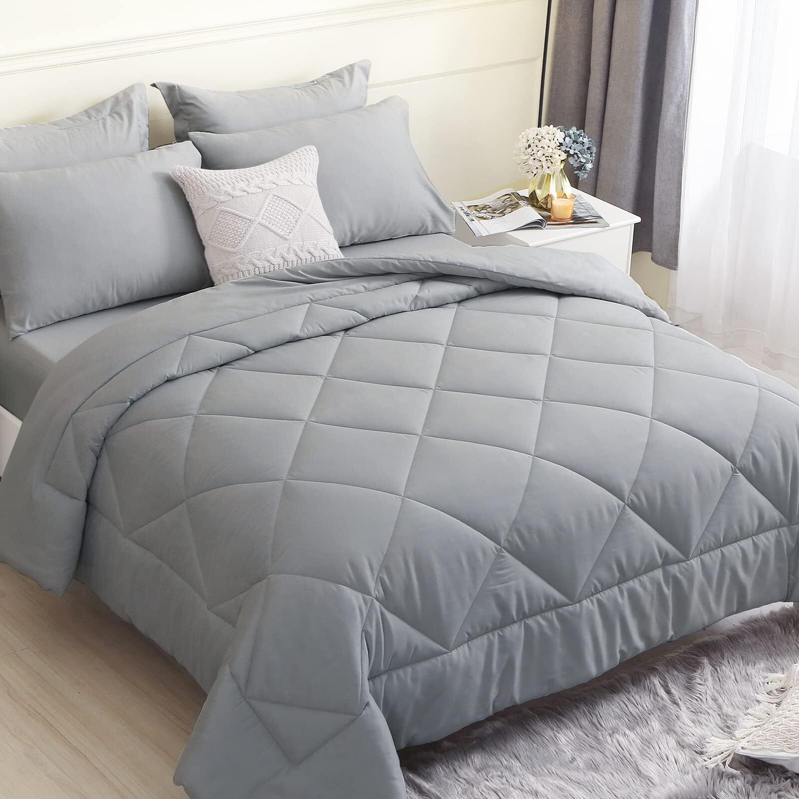 Hevumyi Full Size Comforter Sets 7 Pieces, All Season Bed In A Bag Full Size, Down Alternative Bedding Sets With Full Comforter, Flat Sheet, Fitted Sheet, Pillowcases, Pillow Shams (Light Gray,Full)