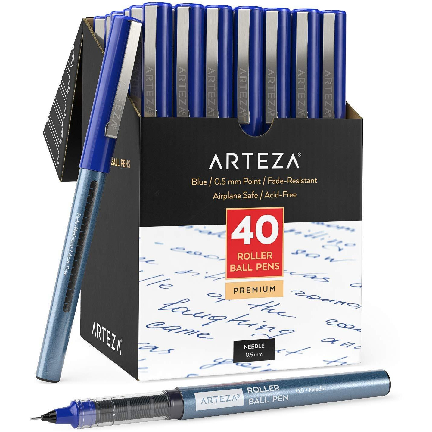 Arteza Rollerball Pens Fine Point, Set Of 40 Blue Liquid Ink, Extra Fine 0.5 Mm Needle Tip Pen, Make Precise Lines For Writing, Notetaking, And Drawing