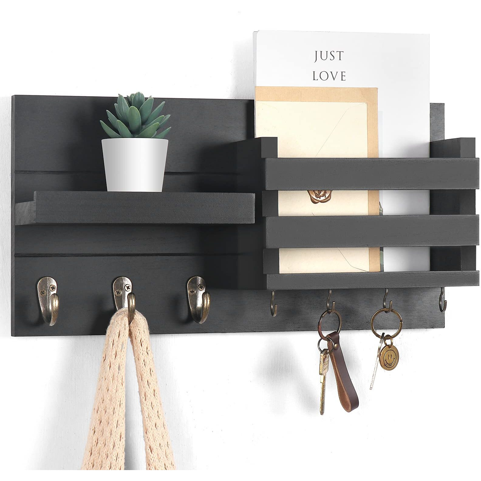 Lwenki Mail Organizer For Wall Mount - Key Holder With Shelf Includes Letter Holder And Hooks For Coats, Dog Leashes - Rustic Wood With Flush Mounting Hardware (16.5    X 8.7    X 3.5   )
