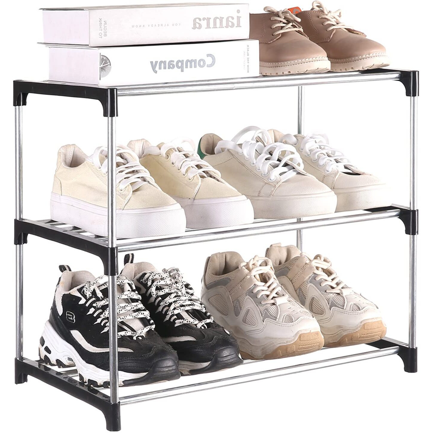 Fouews Small Shoe Rack, Narrow Stackable Shoe Shelf Organizer For Entryway, Doorway And Bedroom Closet (3-Tier, Black)