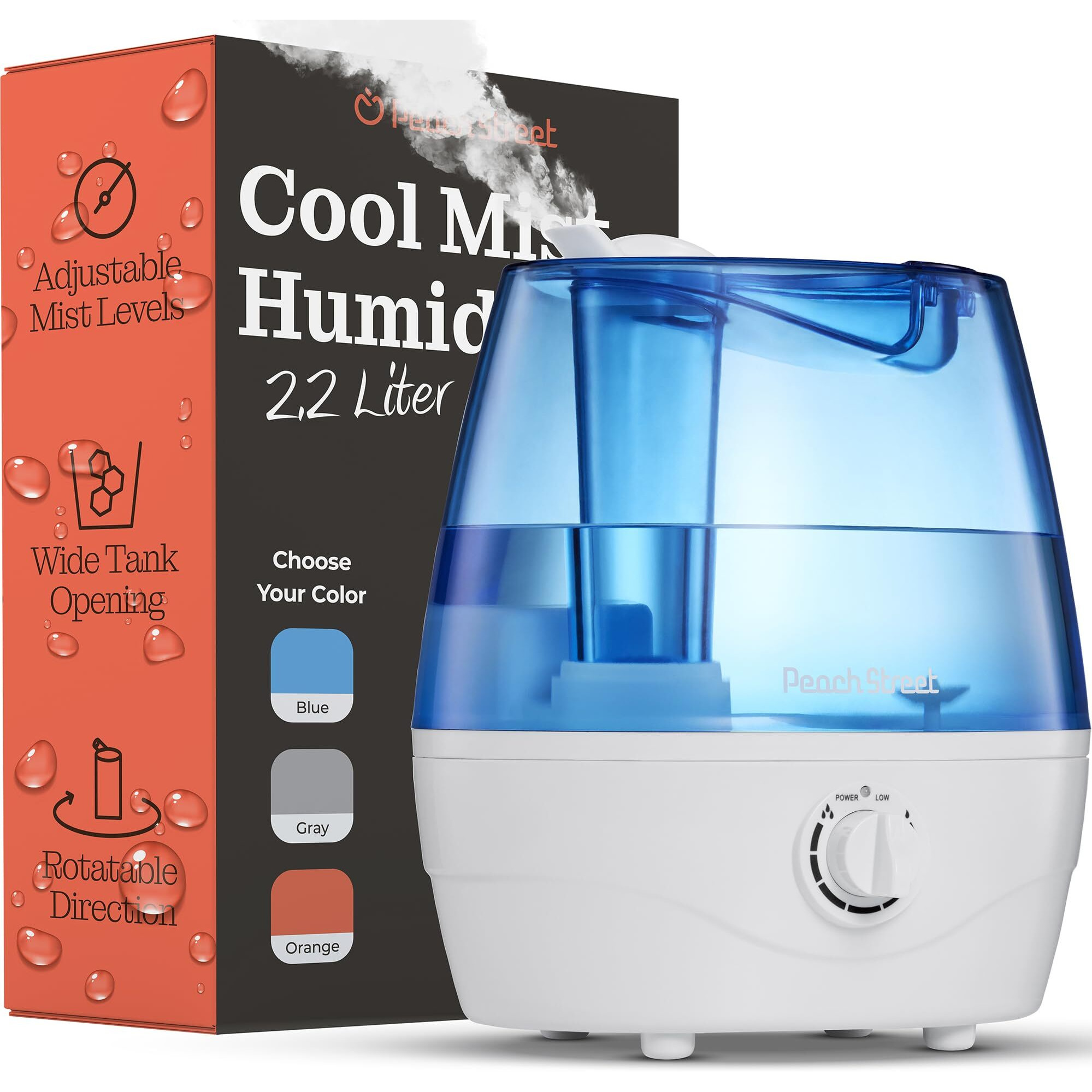 Cool Mist Humidifiers For Bedroom - 2.2L Water Tank, Baby, Office, Quiet Ultrasonic Air Vaporizer, Adjustable Mist Level, 360 Nozzle Rotation, Auto-Shut Off, Large Area Humidifier Easy Fill And Clean