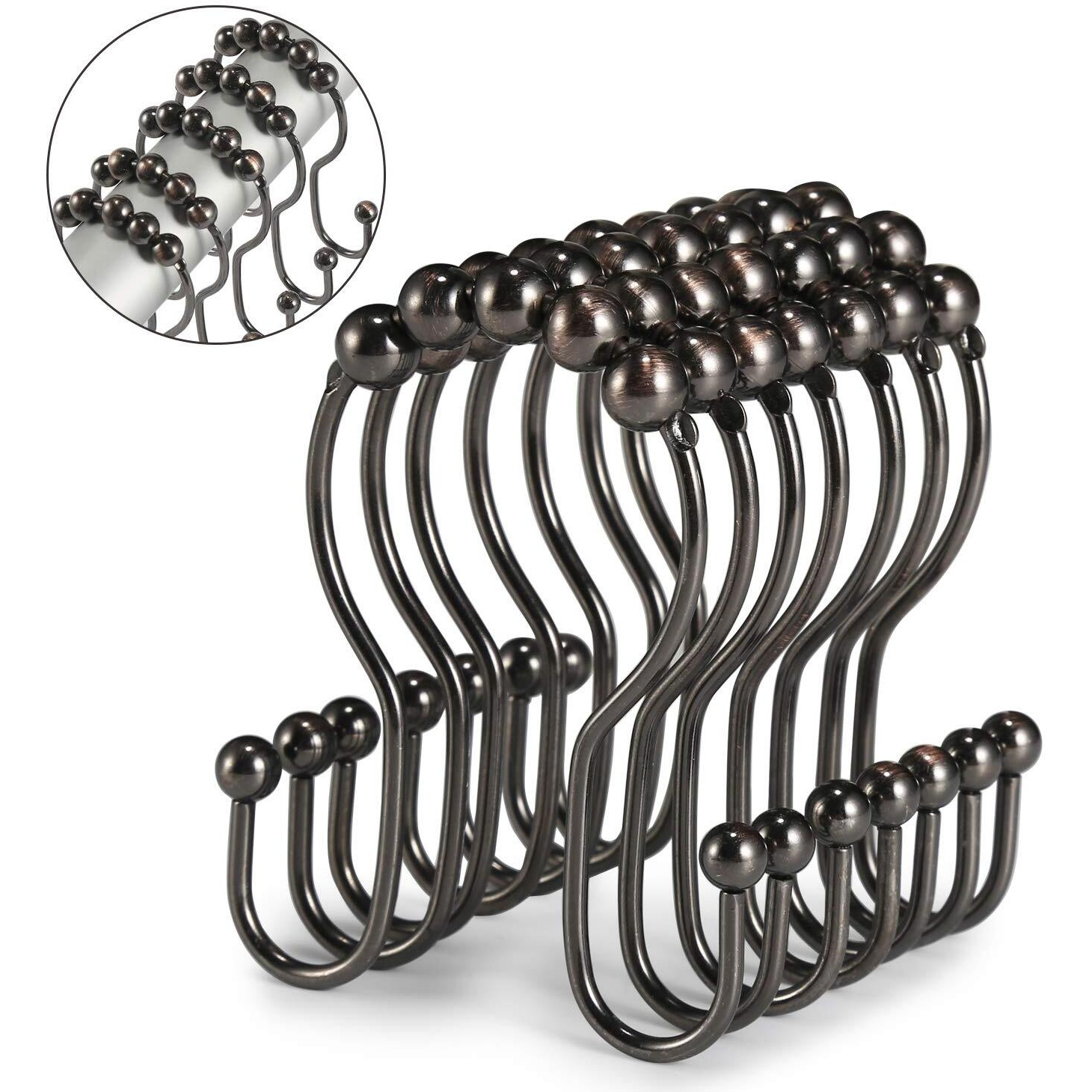 Goowin Shower Curtain Hooks, 12 Pcs Shower Curtain Rings, Stainless Steel Roller Rust-Resistant Balance Sliding Anti-Drop Double Shower Hooks For Curtain Bathroom Shower Curtains (Bronze)