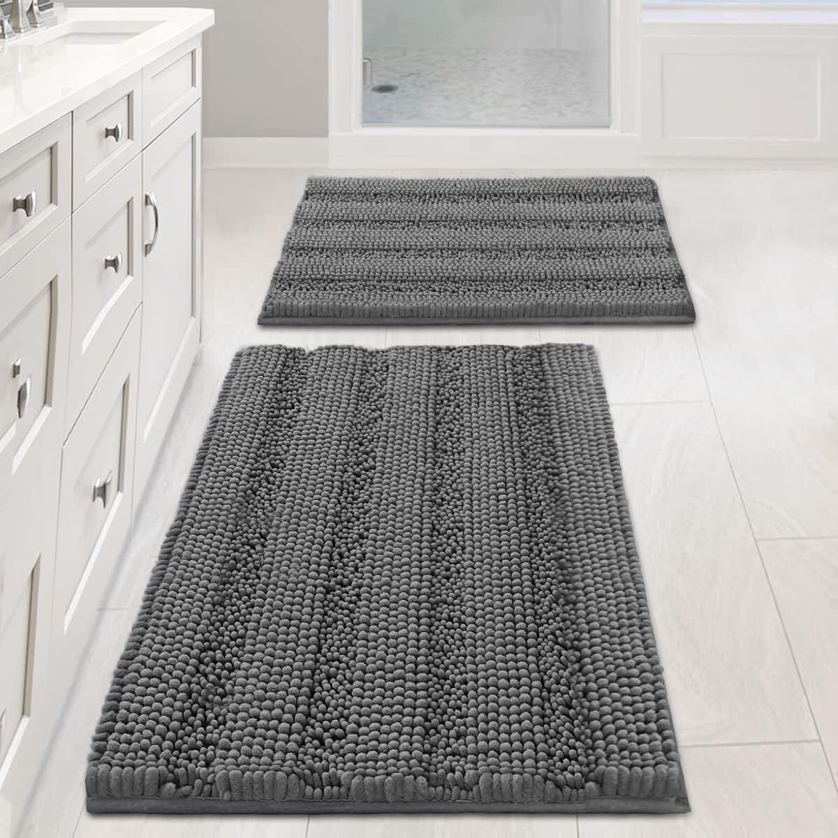 H.Versailtex Grey Bathroom Rug Set Bath Mats, 2 Piece Bath Mats For Bathroom Non Slip Thick Soft Chenille Striped Bath Rug Set, Bath Mats For Bathroom Sets (Grey, 20"" X 32""/17"" X 24"")