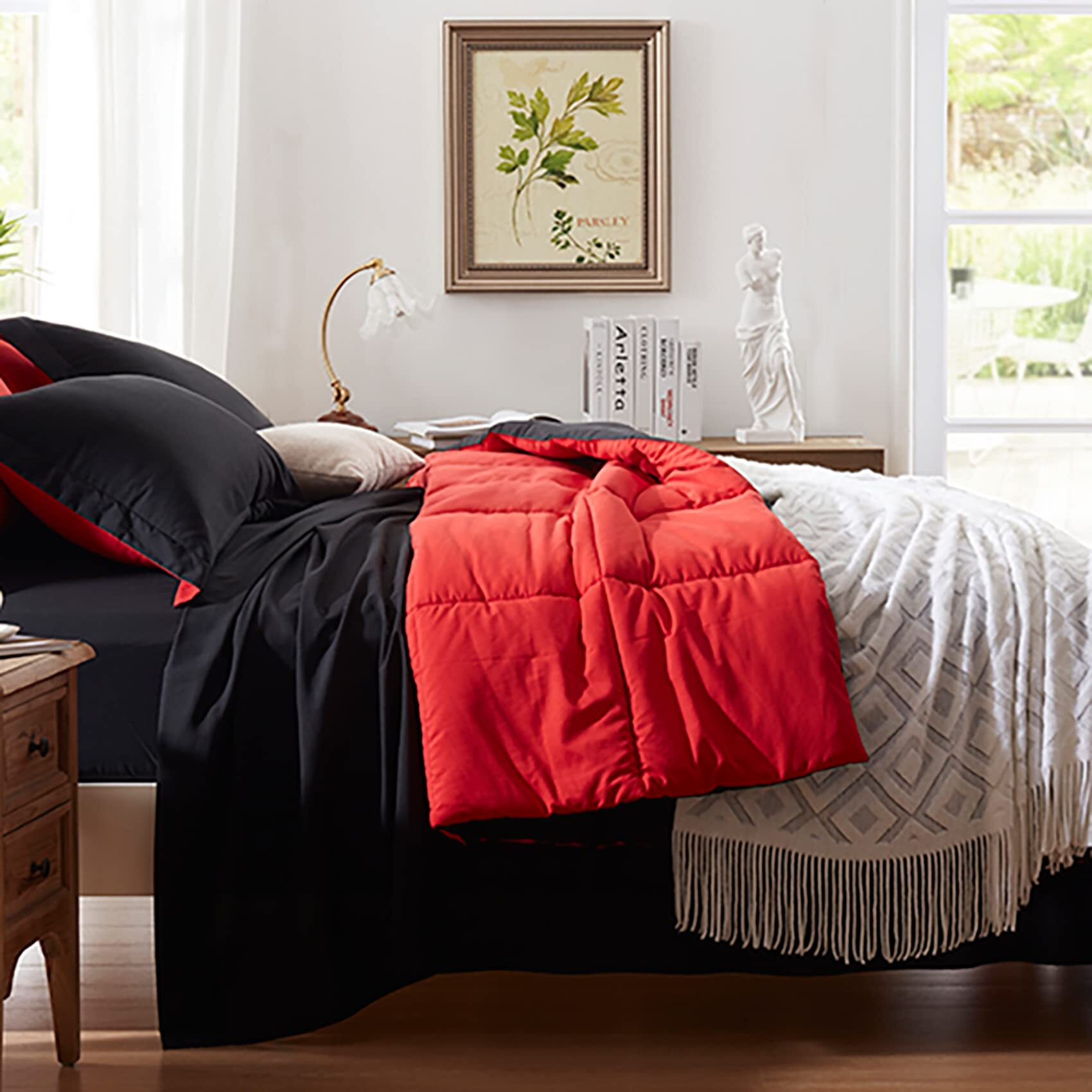 Anluoer Queen Comforter Set 7 Piece, Reversible Bed In A Bag Queen Size, Lightweight Bedding Set With 1 Comforter, 2 Pillow Shams, 2 Pillowcases, 1 Flat Sheet, 1 Fitted Sheet, Red & Black