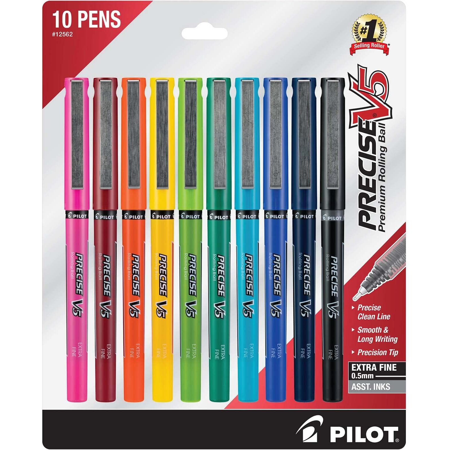 Pilot, Precise V5, Capped Liquid Ink Rolling Ball Pens, Extra Fine Point 0.5 Mm, Assorted Colors, Pack Of 10