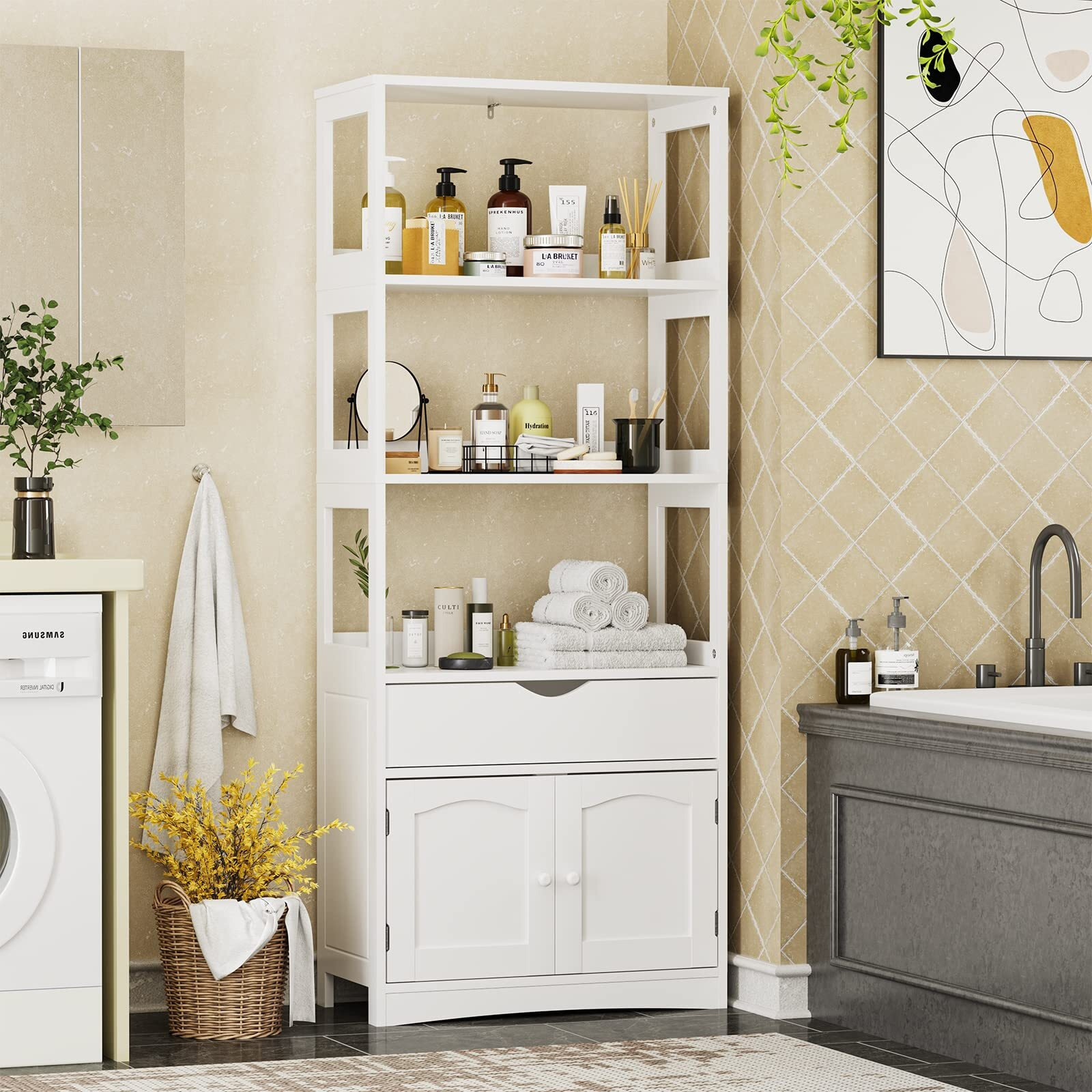 Dictac Kitchen Pantry Storage Cabinets Freestanding Tall Bathroom Cabinet With Shelves And Drawer 64 ' 'H Sideboard Microwave Space Cupboard Organizer For Home Office,White, 23.62X13X64.06Inch