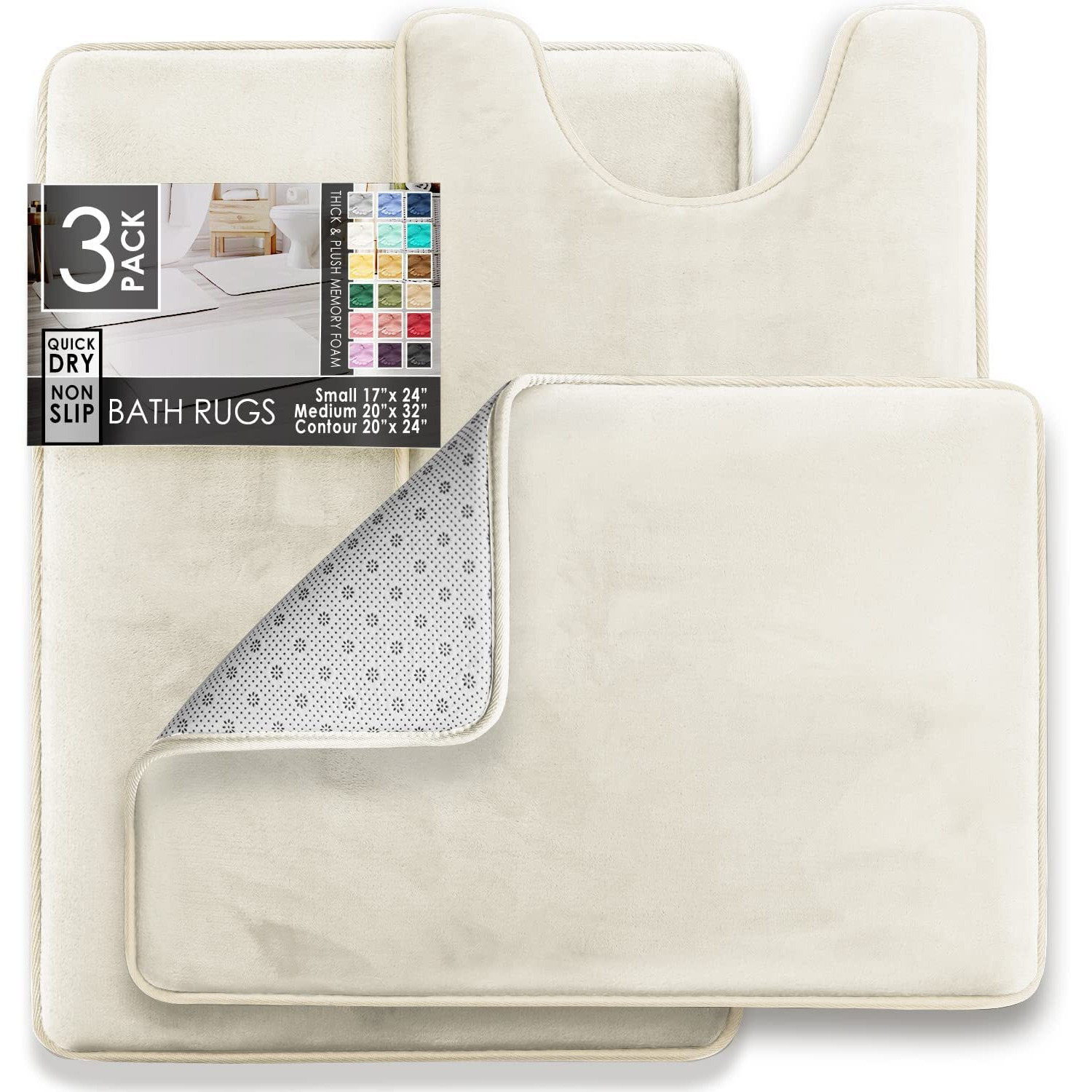 Clara Clark 3 Piece Bathroom Rugs Bath Mat Set, Velvet Memory Foam Bath Mats For Bathroom - Non-Slip, Pvc Backing Bath Rugs, Washable Bathroom Rug Mats - Dries Quickly, Soft White Bathroom Rug Set