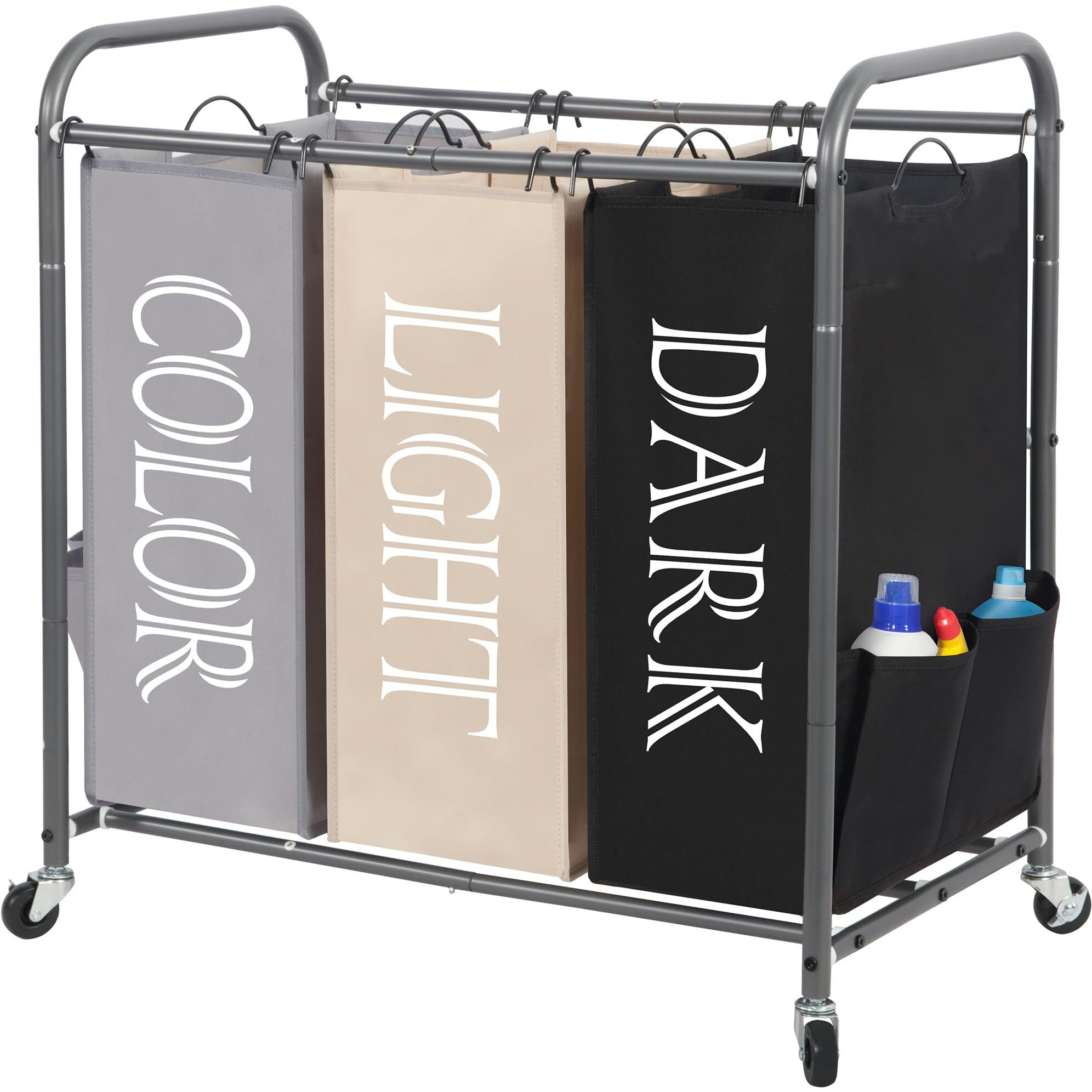 Storage Maniac 3 Section Laundry Sorter, 3 Bag Laundry Hamper Cart With Heavy Duty Rolling Lockable Wheels And Removable Bags, Laundry Organizer Basket Clothes Separator Hamper, Multicolored