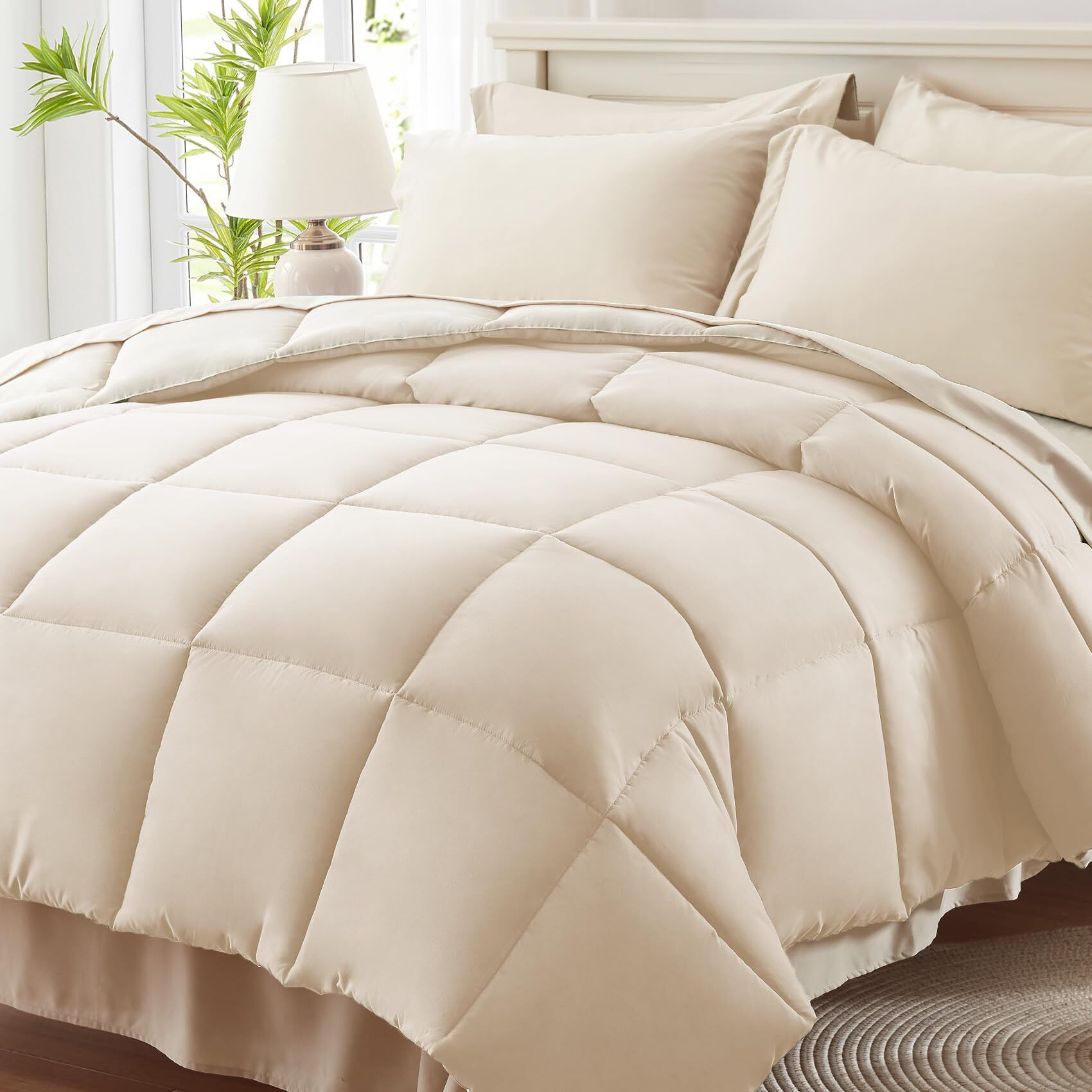 Anluoer Queen Comforter Set 7 Piece, Cream Bed In A Bag With Sheets, Comforters Queen Size Bedding Sets With 1 Comforter, 2 Pillow Shams, 2 Pillowcases, 1 Flat Sheet,1 Fitted Sheet