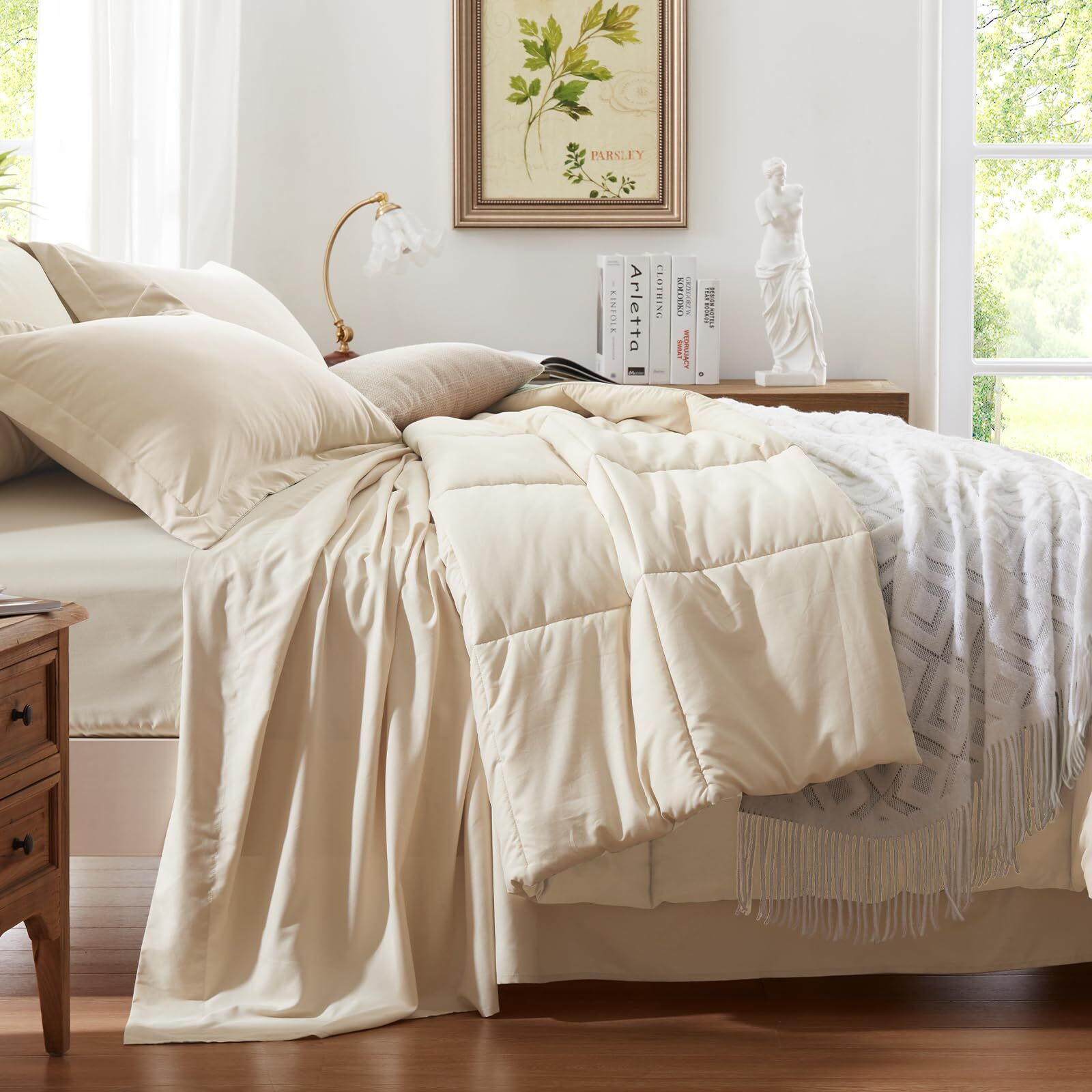 Anluoer Queen Comforter Set 7 Piece, Cream Bed In A Bag With Sheets, Comforters Queen Size Bedding Sets With 1 Comforter, 2 Pillow Shams, 2 Pillowcases, 1 Flat Sheet,1 Fitted Sheet