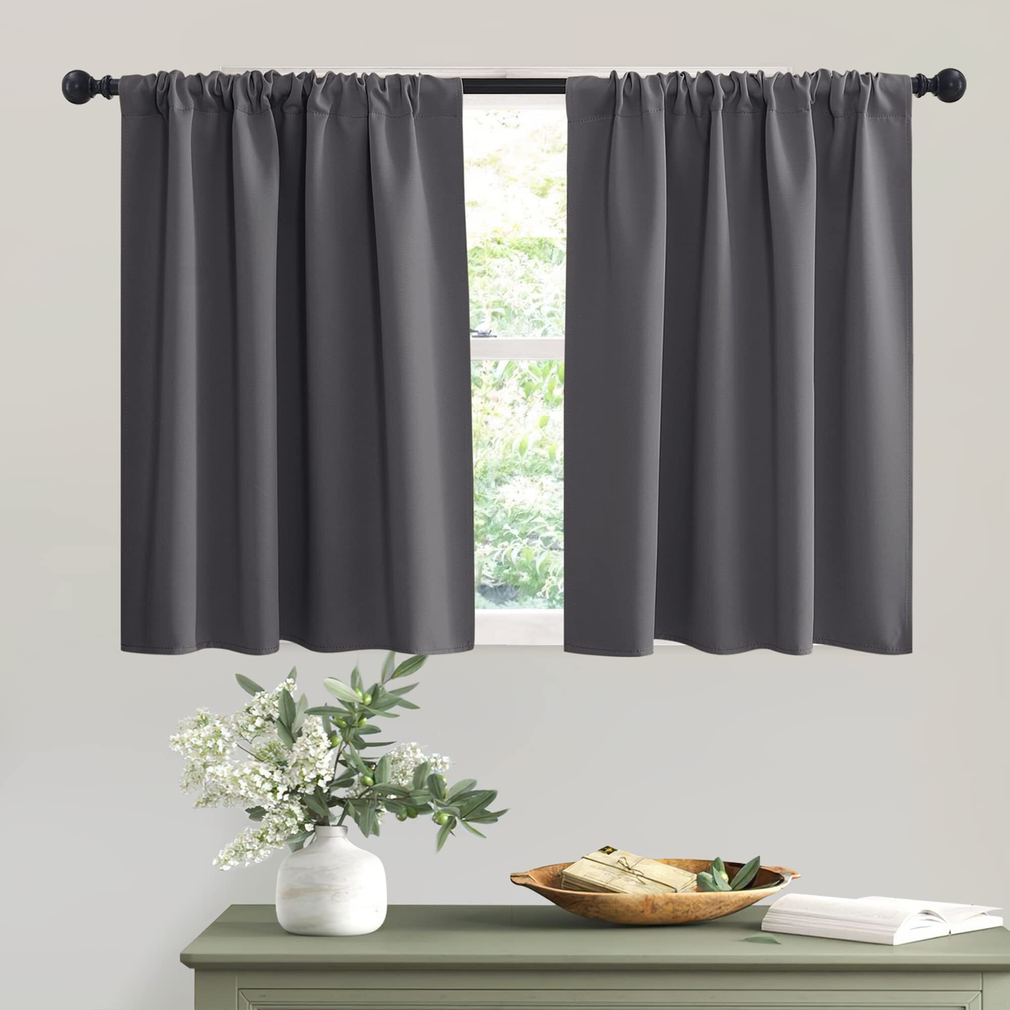 Ryb Home Short Curtains Gray Half Window Curtains For Bedroom, Privacy Curtain Tiers For Windows, Energy Saving Curtain Tiers For Bathroom Shades, Wide 42 X Long 36 Inches Per Panel, Grey, Set Of 2