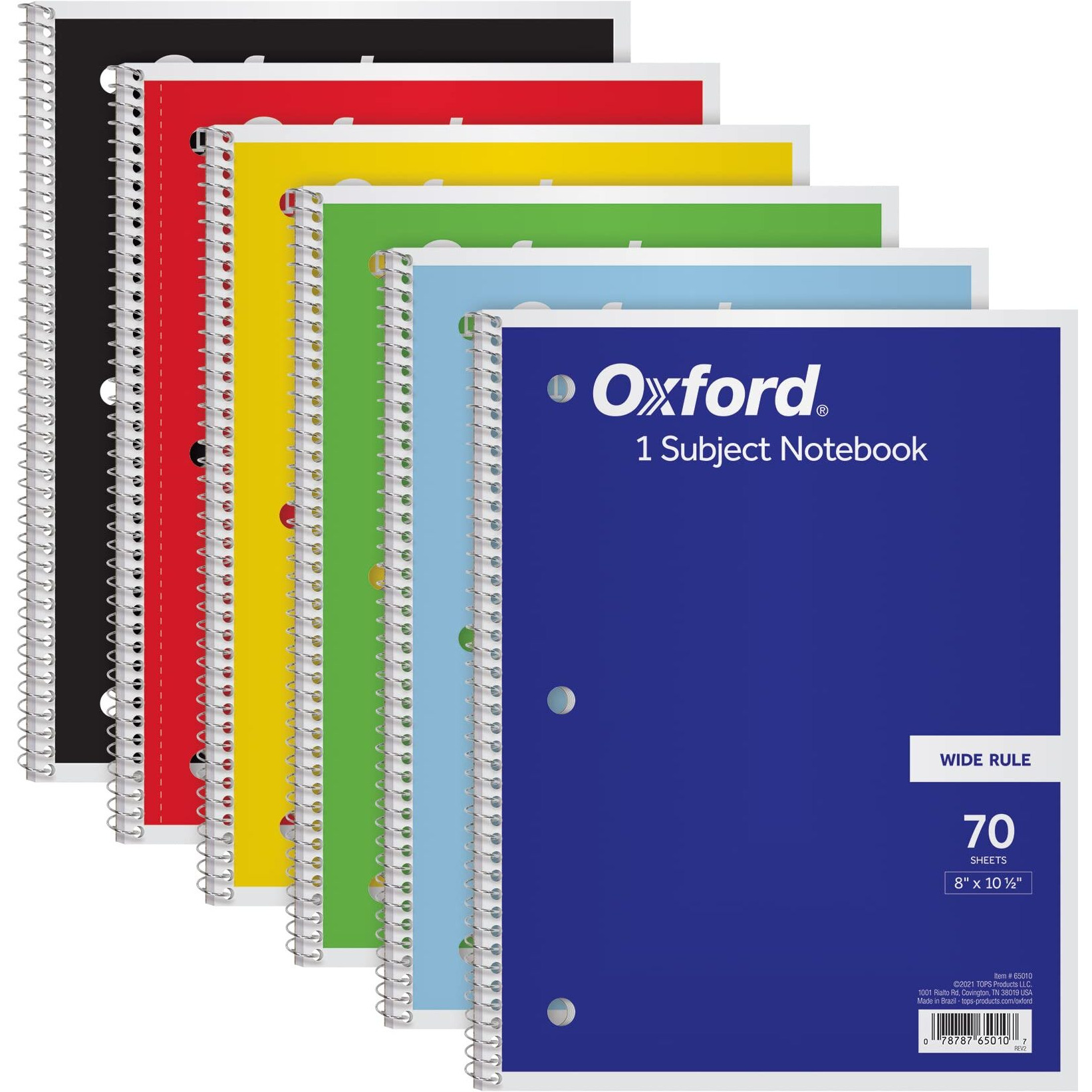 Oxford Spiral Notebook 6 Pack, 1 Subject, Wide Ruled Paper, 8 X 10-1/2 Inch, Blue, Yellow, Red, Light Blue, Green And Black, 70 Sheets (65010)
